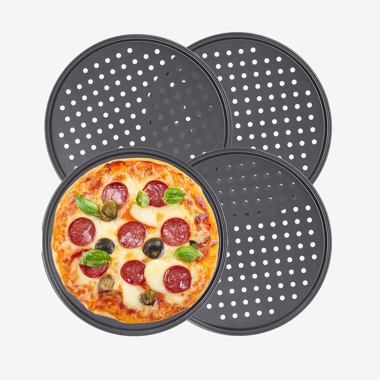 Muvell Pizzableche 4 Stück - Ø 32 cm rund | gelochtes Pizzabackblech | Backblech für Pizza, Flammkuchen, Lahmacun und Pommes | langlebig, leicht, stapelbar