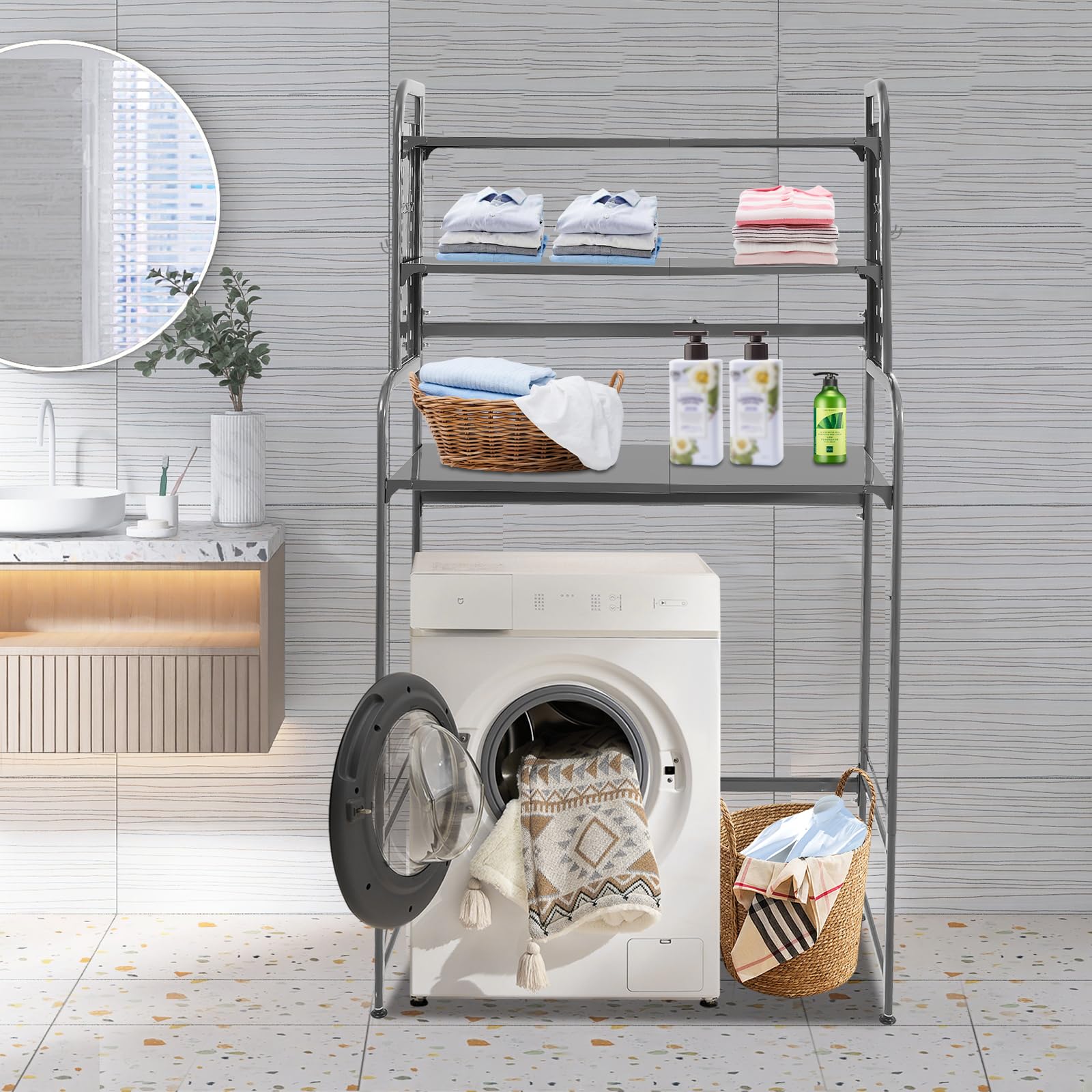 Scaffale per lavatrice, estraibile con 3 ripiani e ganci, scaffale da bagno regolabile in altezza sopra lavatrice e WC, in metallo, salvaspazio, per lavanderia e balcone, grigio