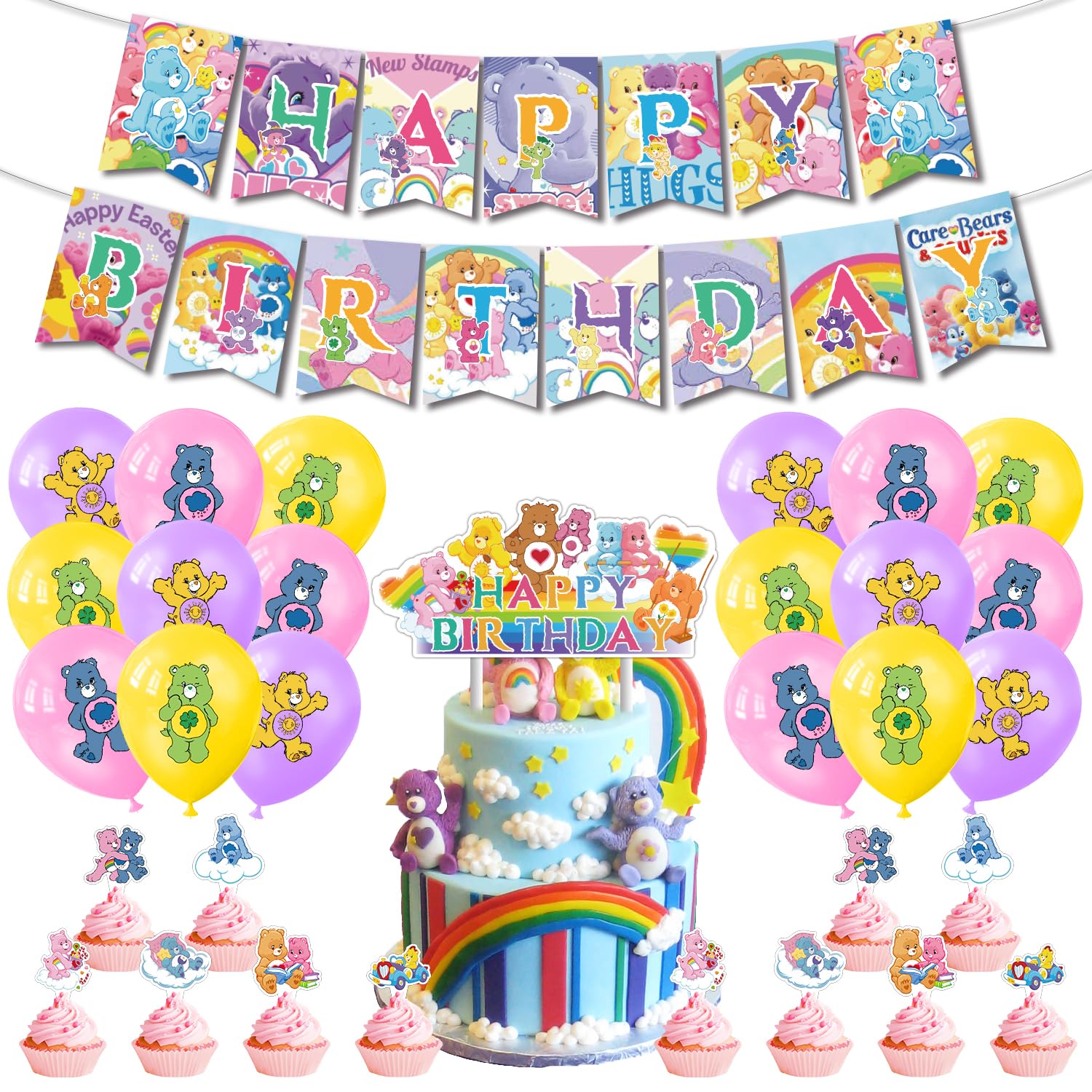 ケアベア 誕生日 飾り付け Carebears バルーン ハンギングスワール バースデー デコレーション 風船 セット Happy Birthdayガーランド ケーキトッパー ハッピーバースデー バナー 飾りセット リボン付き