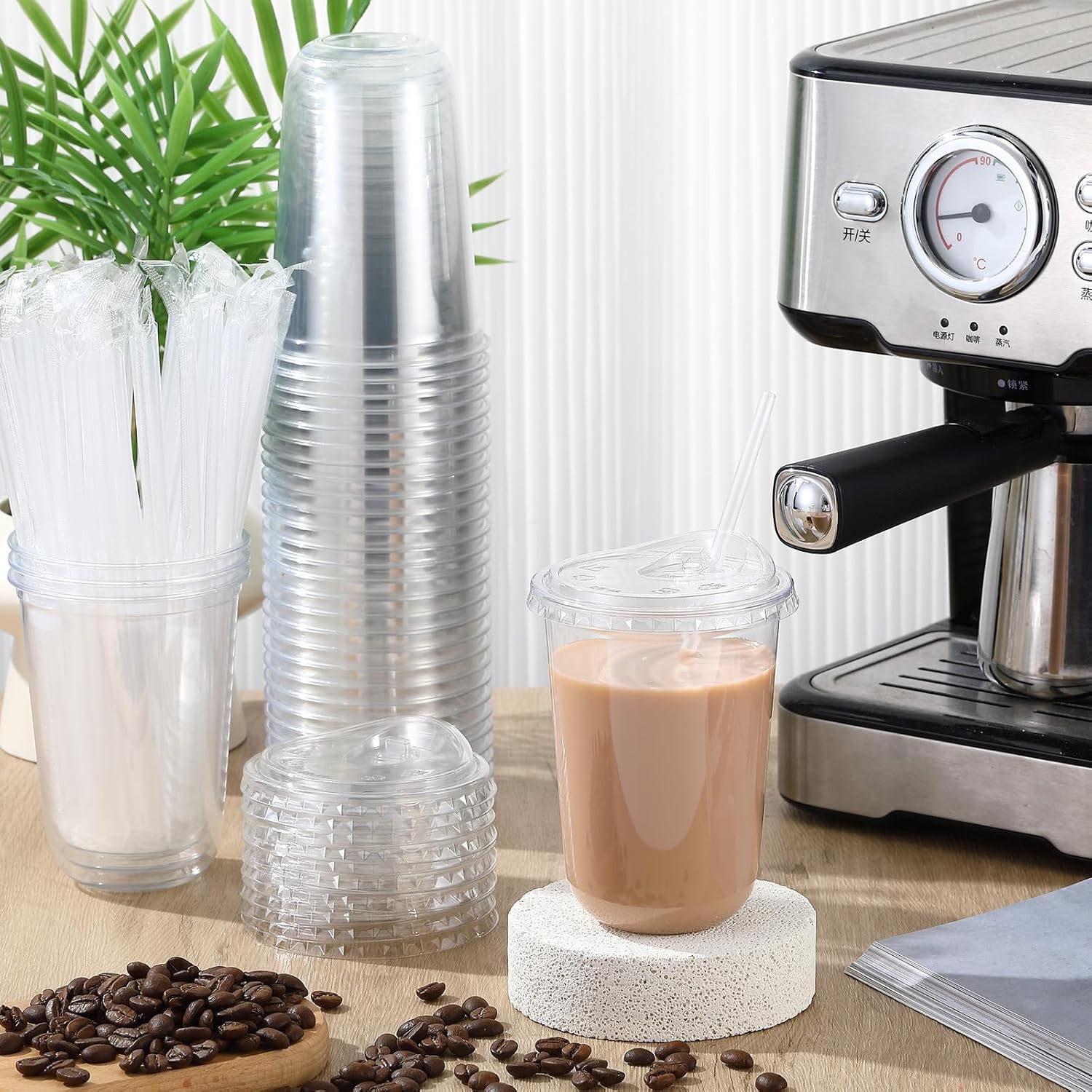 Ziliny 50 Pack 16 oz Clear Plastic Cups with Sip Lids & Straws, Disposable PET Crystal Iced Coffee Cups with Lids for Coffee Smoothie, Milkshake, Cold Drinks