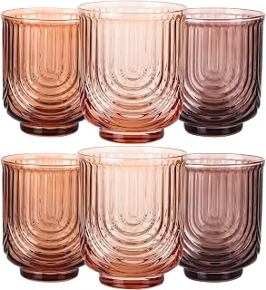 Amber Vintage Drinking Glasses Set of 6-14Oz Brown Glass Drinking Glasses, Art Deco Ripple Highball Glass, Whiskey Cocktail Glasses, Glassware for Bar Beverages Ice Coffee Juice