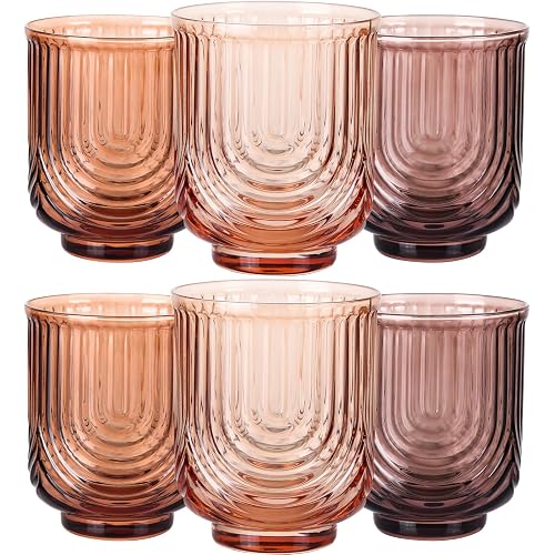 JOVGANK Amber Vintage Drinking Glasses Set of 6-14Oz Brown Glass Drinking Glasses, Art Deco Ripple Highball Glass, Whiskey Cocktail Glasses for Bar Coffee Juice, Housewarming and Mother's Day Gift