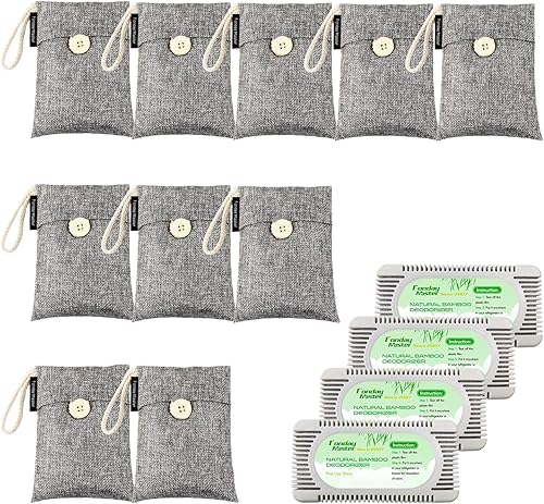 Paquete de 10 bolsas desodorizantes de carbón de bambú (3.53 onzas cada una) con 4 paquetes de desodorante para refrigerador, eliminador de olores y
