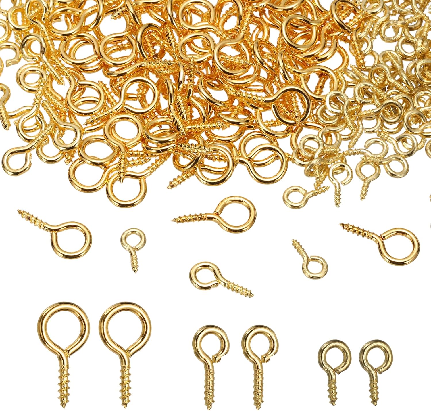 PATIKIL Screw Eye Pins Set, 600Pcs 3 Size Metal Threaded Small Eye Pin Clasp Hooks Mini Hoop Peg Self Tapping Screw for Jewelry Making DIY Art Crafts Bead Charms, Gold