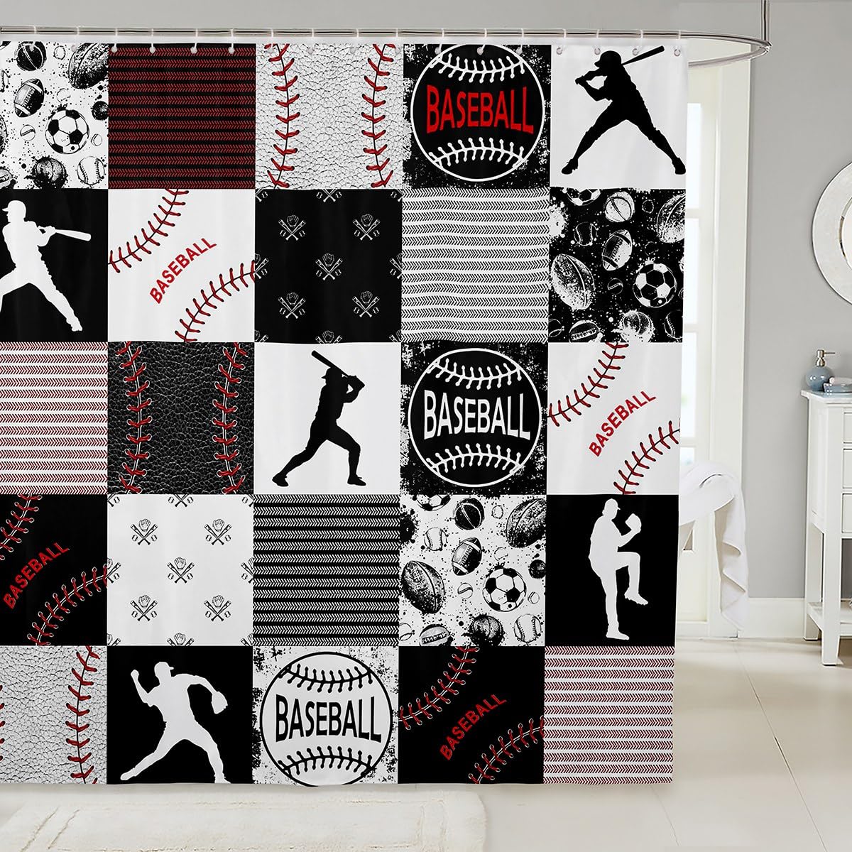 Baseball Bath Curtain for Kids Girls Boys Children Black 3D Sports Game Cloth Fabric Bathroom Decor Gray Patchwork Bathroom Curtain Competitive Games