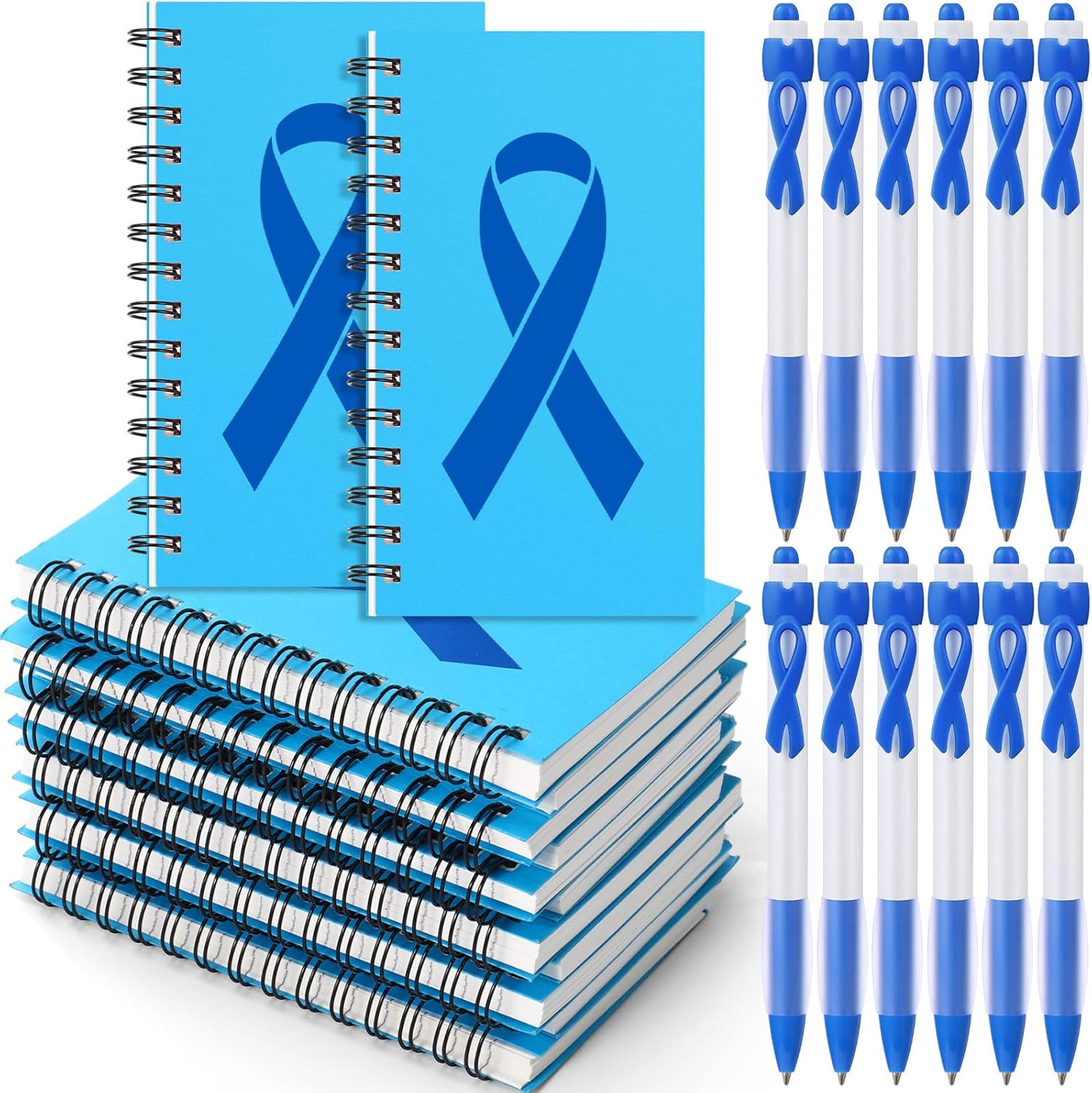 50 Sets Colon Cancer Awareness Notepads Blue Ribbon Retractable Pens Prostate Colorectal Colon Notebooks Ribbon Ballpoint Pens Survivor Fighter Charity Fundraising Event Gift