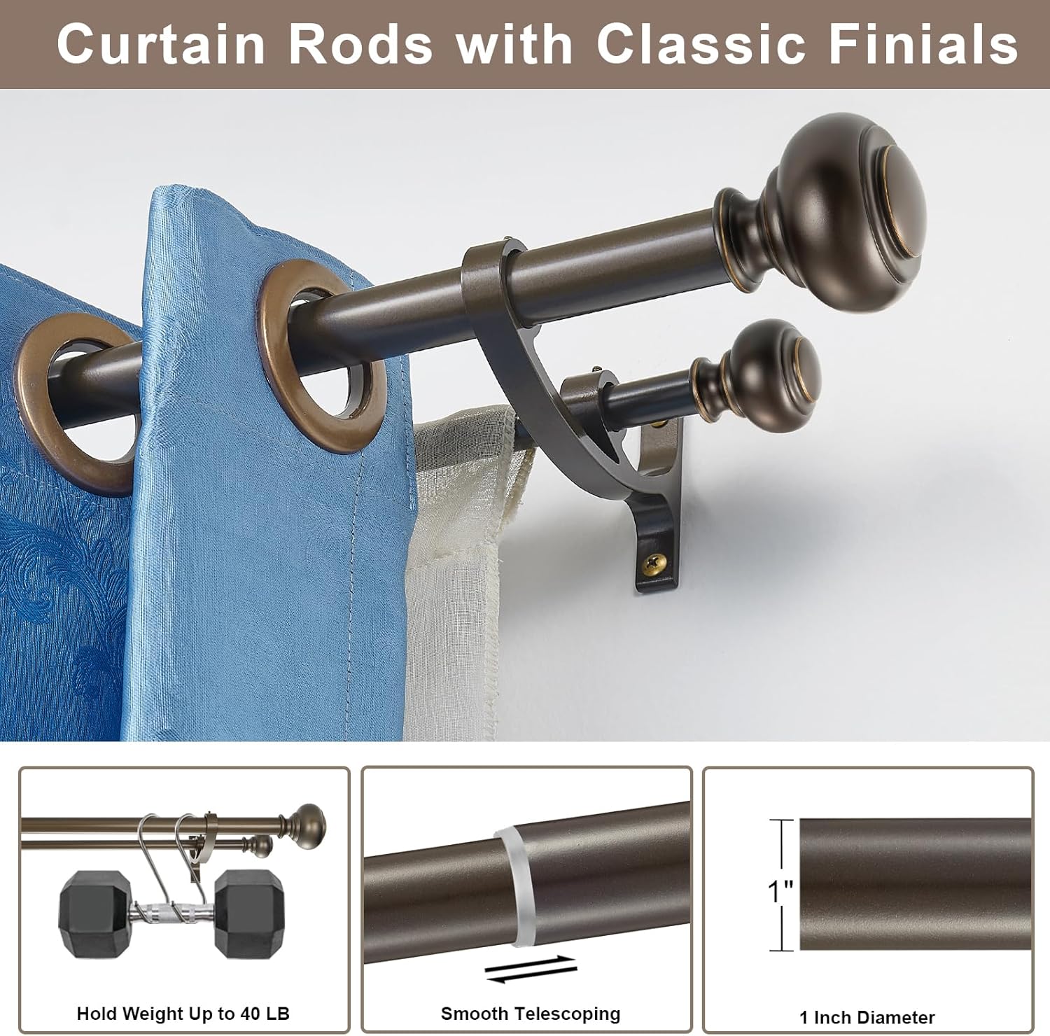 Double Curtain Rod 36-72 Inches with Aluminum Alloy Brackets, Adjustable 1-Inch Front and 5/8 Inch Back Double Window Drapery Rod, Heavy Duty Telescoping Rod with Classic Finials, Antique Brown Antique Brown 36-72"