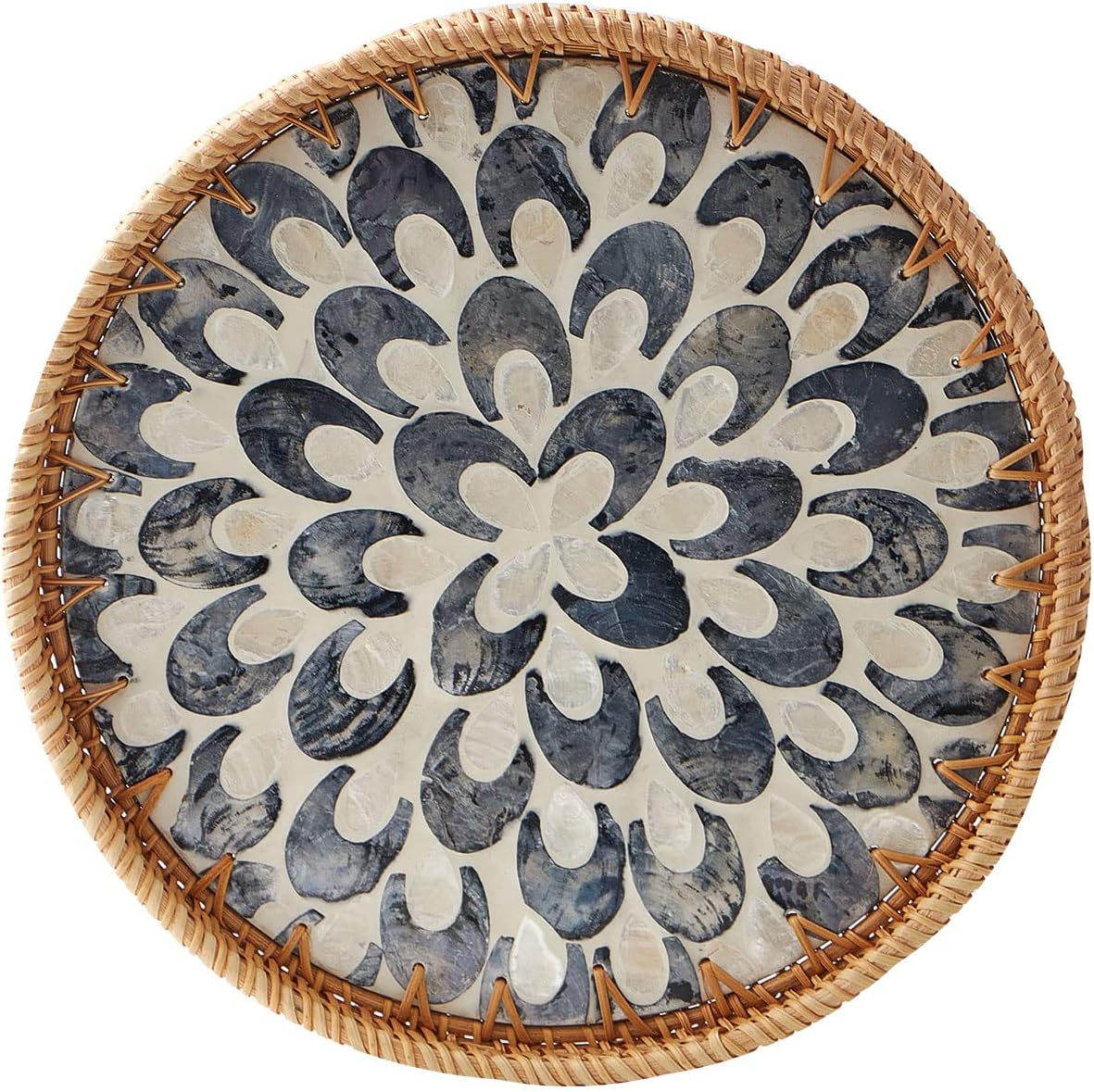 Round Rattan Decorative Tray with Natural Wood Vanity
