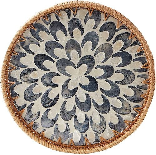 Round Rattan Tray with Mother of Pearl Inlay, Rattan Serving Tray with Wooden Base, Decorative Wicker Basket for Table Decor, Storage and Display of