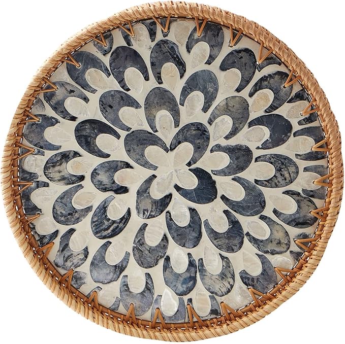 Round Rattan Tray with Mother of Pearl Inlay (Plume)