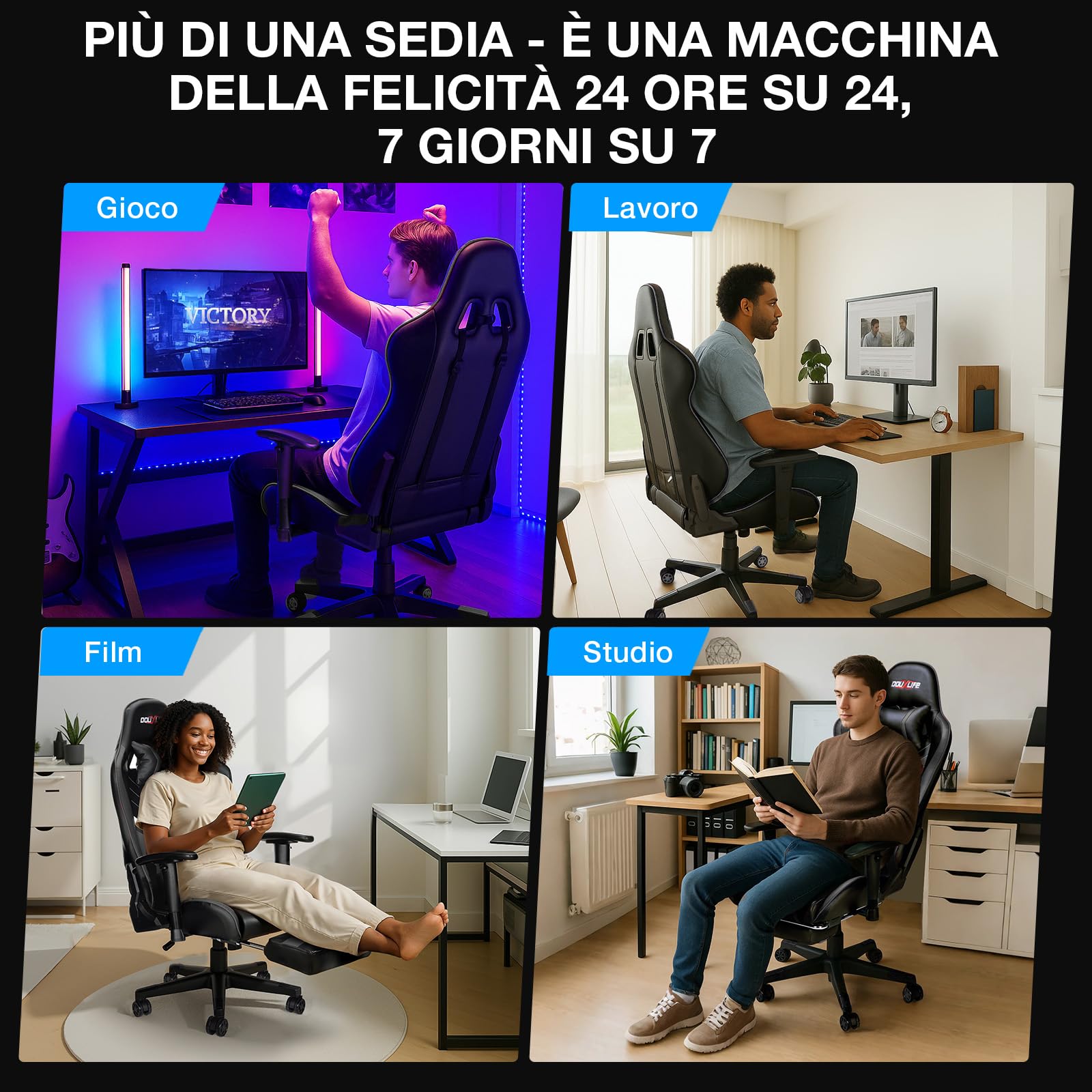Douxlife Sedia da Gaming con Massaggio a 7 Punti, Sedia da Ufficio Ergonomica Schienale Regolabile 90-175°, Bracciolo 2D Regolabile, Poltrona da Gaming per Adulti, Portata 150-180 kg, Grigio