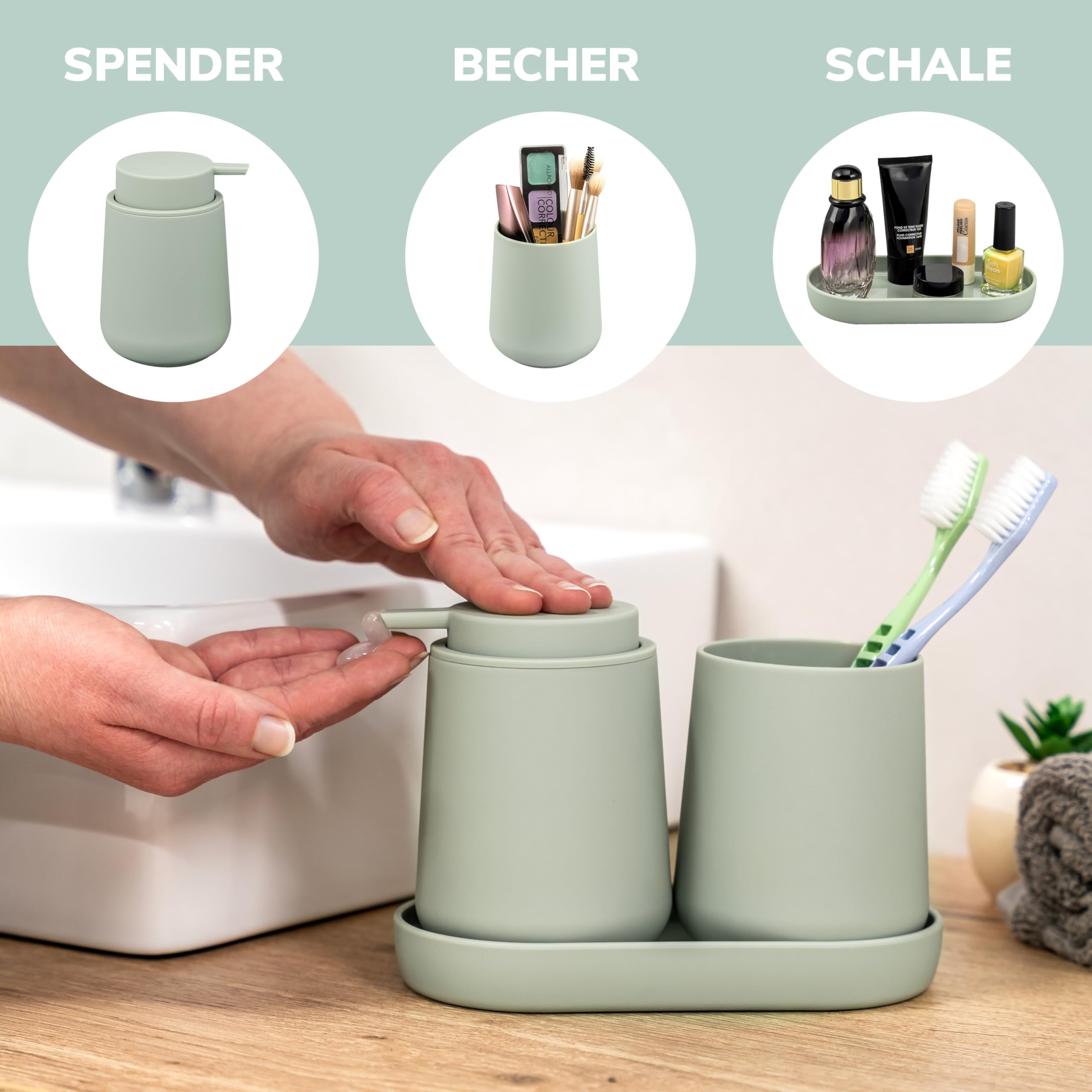 eluno Badezimmer-Set TESERO mit Soft-Touch Oberfläche, Bad-Accessoires Set 5tlg. aus Seifenspender, Becher, Schale, Kosmetikeimer, WC-Garnitur für Badezimmer und Gäste-WC aus Kunststoff (Salbei)