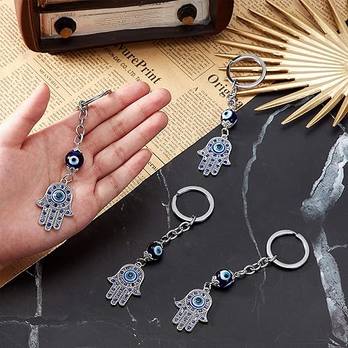 Vista 5 de Llavero de mano Hamsa, 5 piezas, llavero plateado contra el mal de ojo, dijes de protección de fatiga, azul de buena suerte, llavero para fijar a
