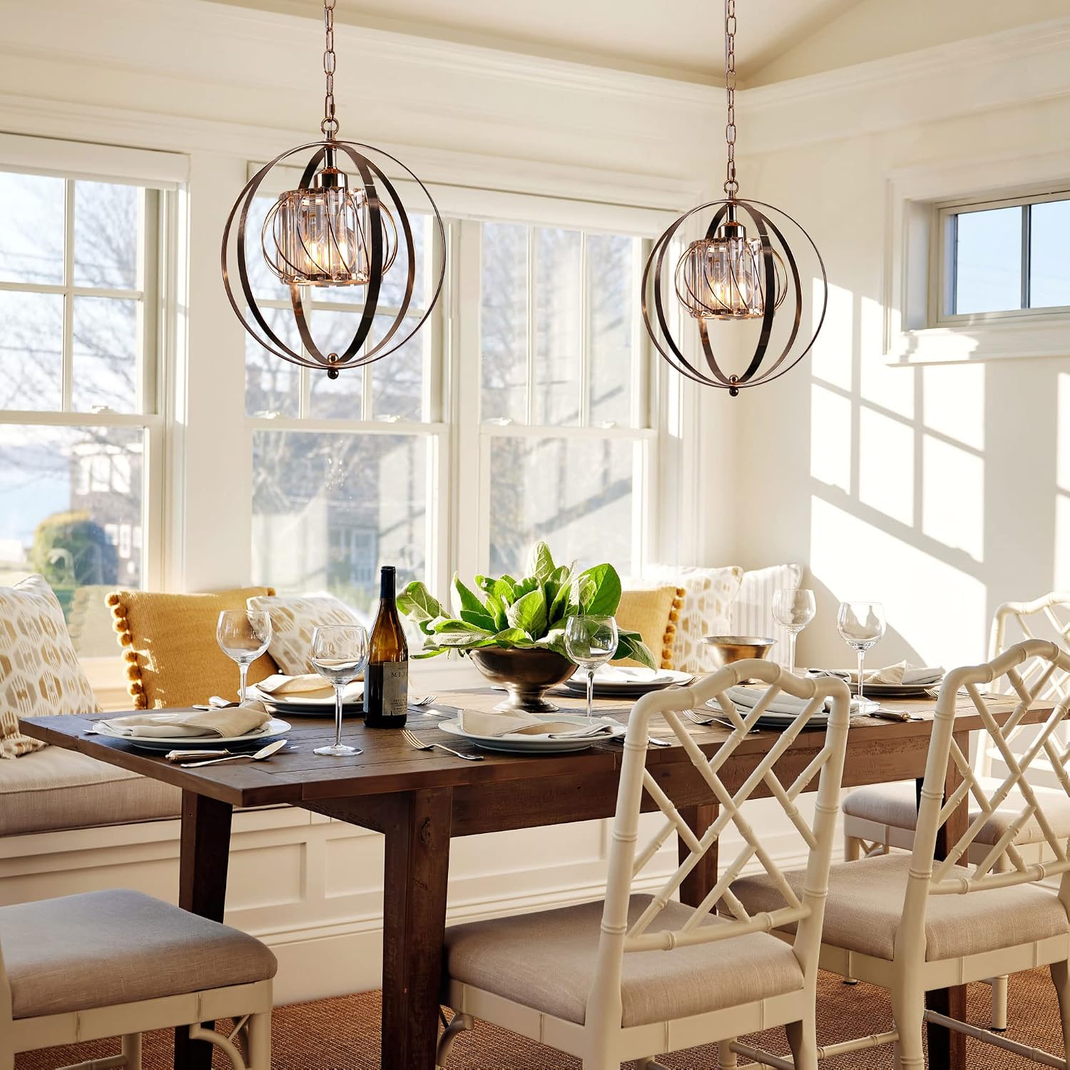 Gold Globe Pendant Light Fixture, Vintage Hanging Chandelier with Crystal Glass Shade, Adjustable Chain Pendant Lighting for Kitchen Island Dining Room Bar