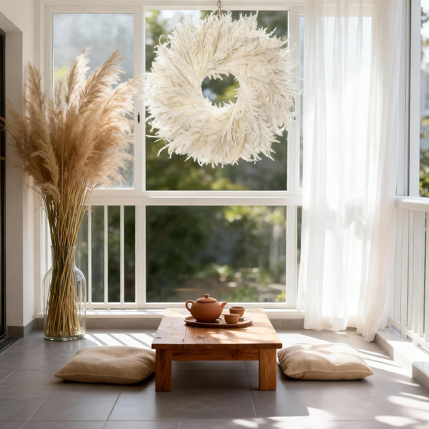 28 Inch Spring Boho White Flocked Cypress Wreath Outdoor,Neutral Pampas Grass Wreaths - Handmade Faux Farmhouse Cedar Wreath for Front Door,All-Season Year-Round Ins Home Décor