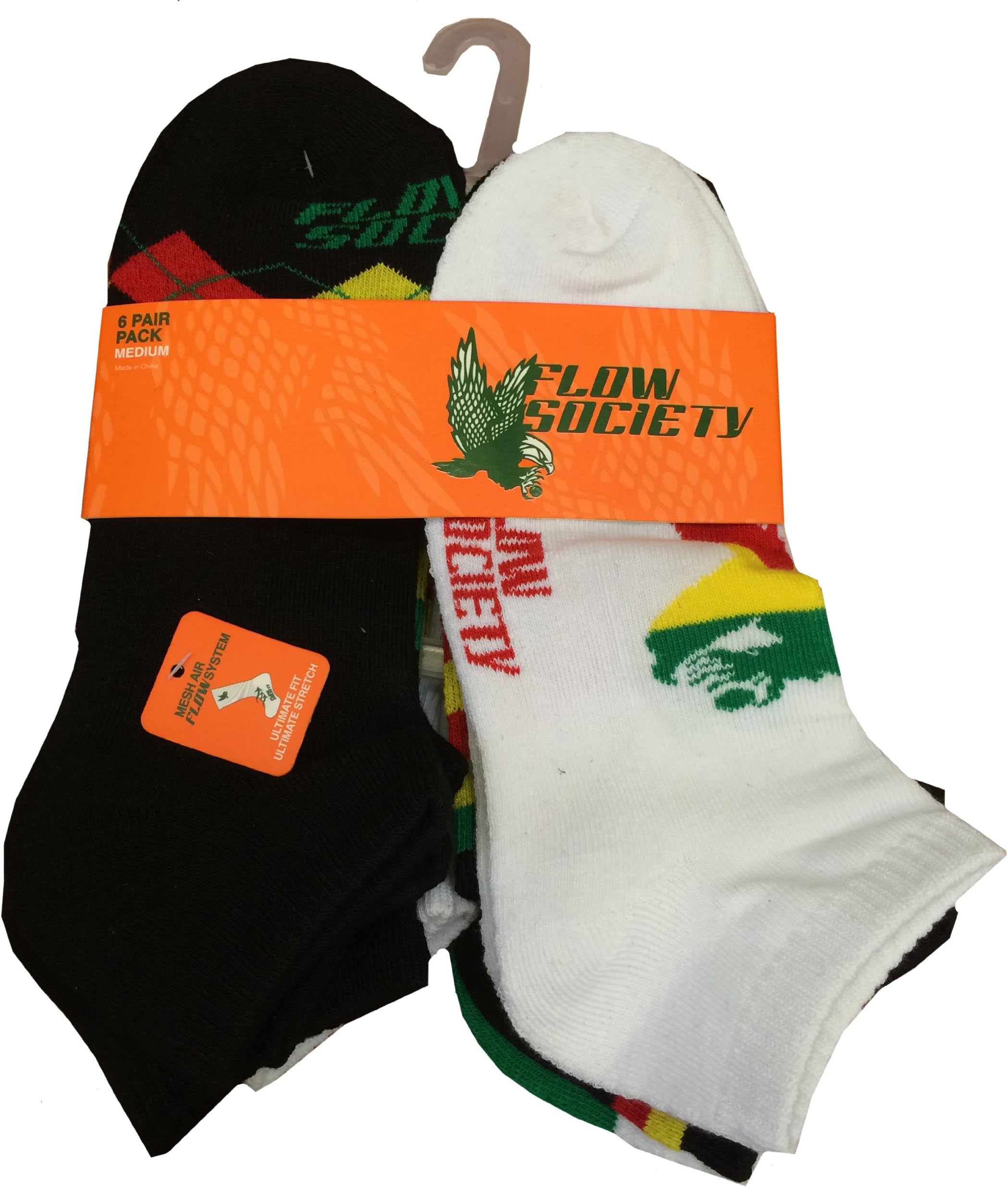 Flow Society Lacrosse Ankle Socks, Rasta Pack of 6 Pairs. Size Medium Fits Men Shoe 4-8.5