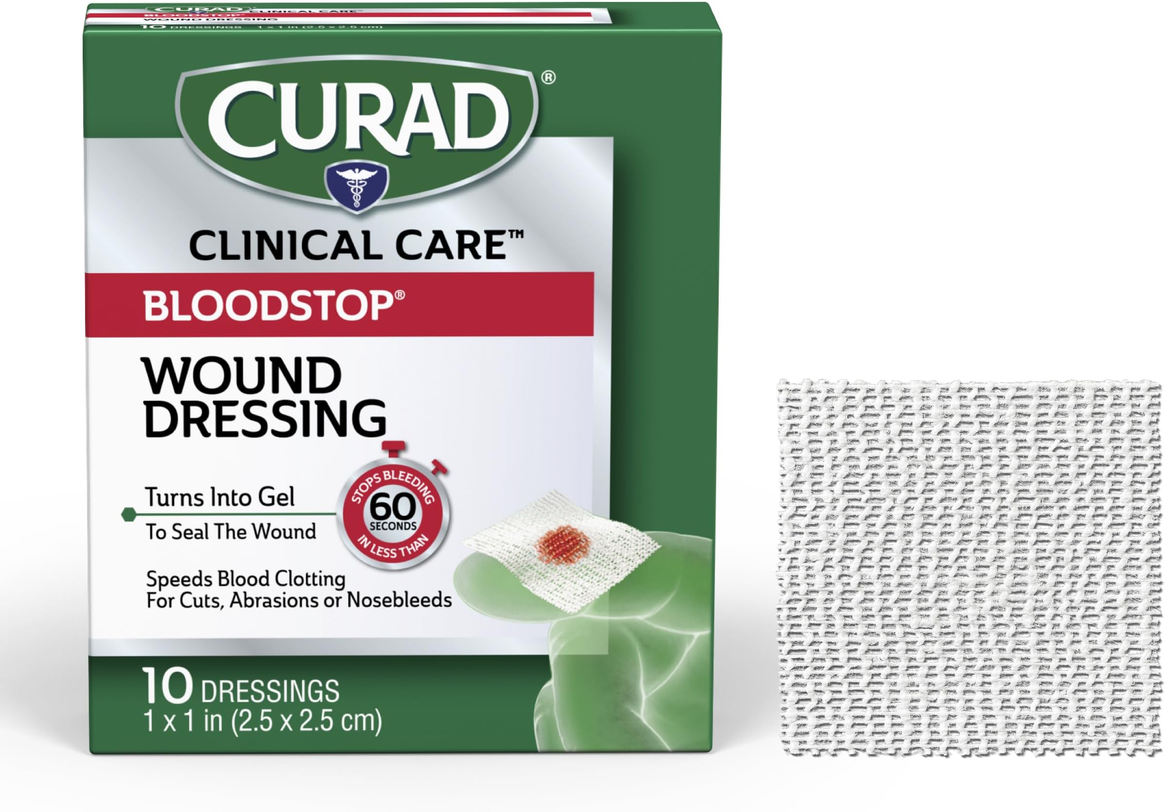 BloodStop® Wound Dressing | 1” x 1” | Hemostatic Gauze Helps Stop Bleeding Quickly | For Cuts, Abrasions or Nosebleeds | 10 Count