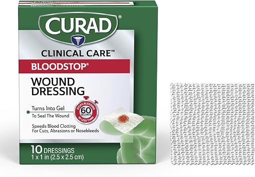 CURAD BloodStop Wound Dressing | 1 x 1 | Hemostatic Gauze Helps Stop Bleeding Quickly | For Cuts, Abrasions or Nosebleeds | 10 Count