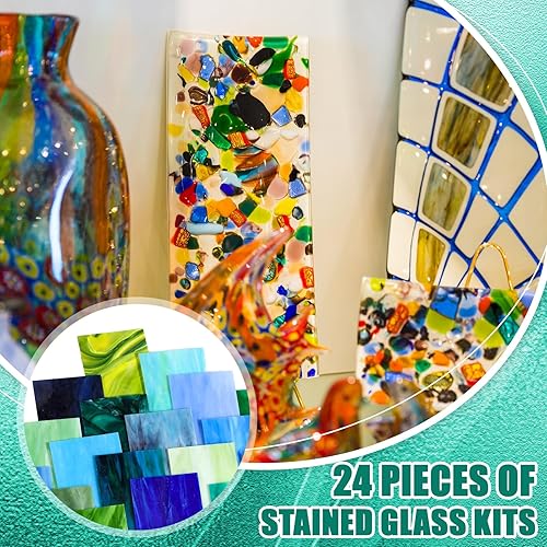 Vista 22 de Treela 24 hojas de vitrales de 4 x 6 pulgadas, suministros de vitrales para proyectos de vitrales, variedad de mosaicos, vidrios de colores surtidos