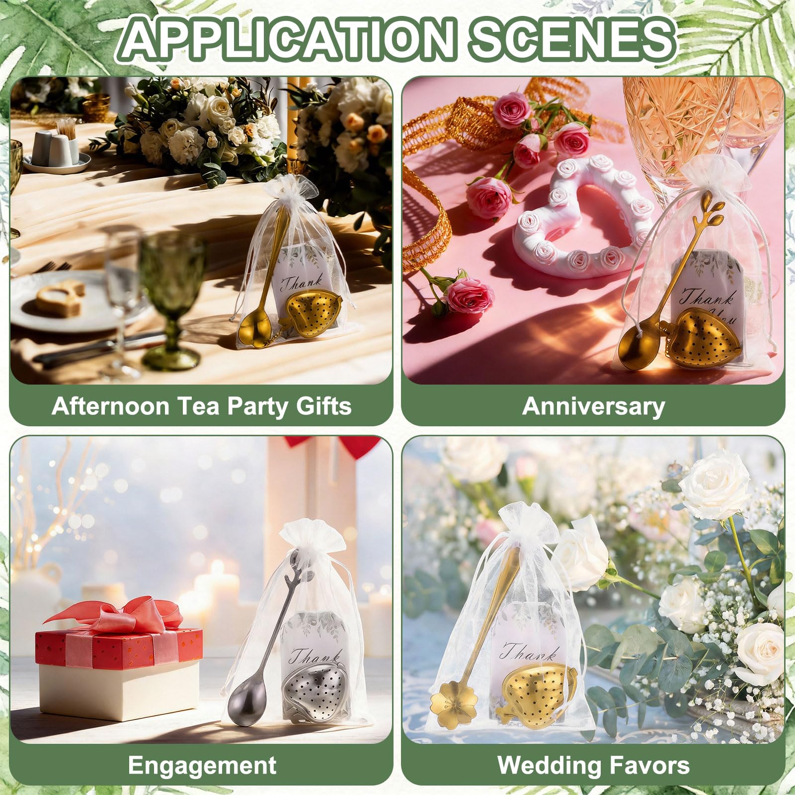 sourcing map Lot de 25 cuillères en forme de cœur avec infuseur en forme de cœur avec carte de remerciement, sac en maille, pour cadeau souvenir de mariage, accessoires de thé, cadeau de retour