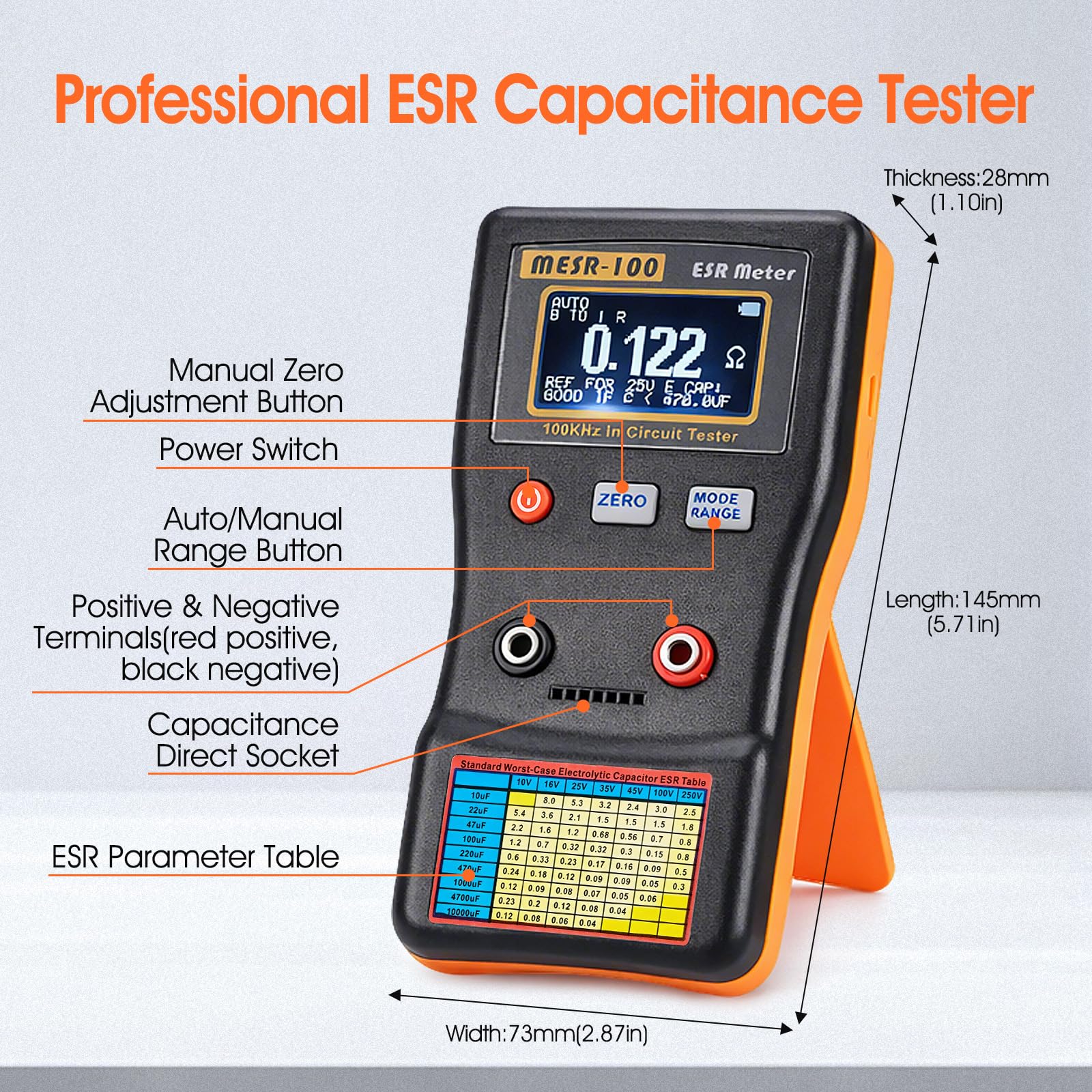 Testeur ESR à condensateur ESR 0,001 ~ 100,0 Ω, ESR 100 KHz onde sinusoïdale portable, condensateur LCD ESR, compteur de capacité pour réparation électronique