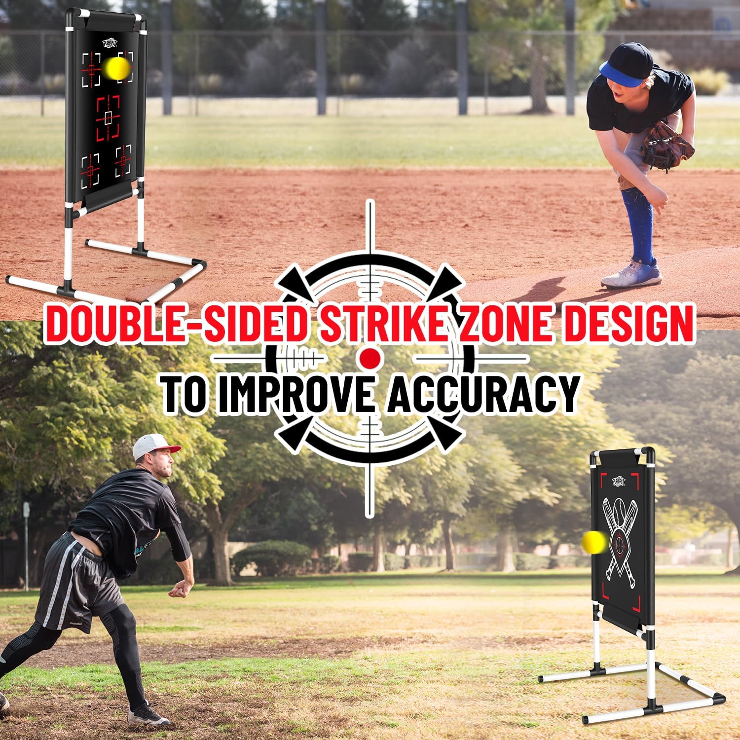 Baseball Strike Zone Target,Adjustable Height Pitching Strike Zone Trainer with Double-Sided Target, Includes Stakes,Sandbags & Carry Bag for Indoor & Outdoor