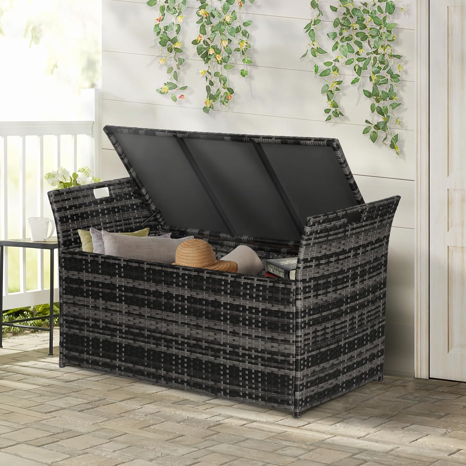 Oakcloud 75 Gallon Patio Storage Bench, Outdoor Wicher Garden Furniture Storage Deck Box Bench with Handles and Cushion, Grey