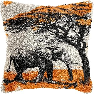 African Elephant Under Tree DIY Latch Hook Kits Pillow Crochet Yarn Pre-Printed Cushion Needlework Pillowcase Hook and Latch Kit Cushion Home Sofa Decoration 43x43cm(2)
