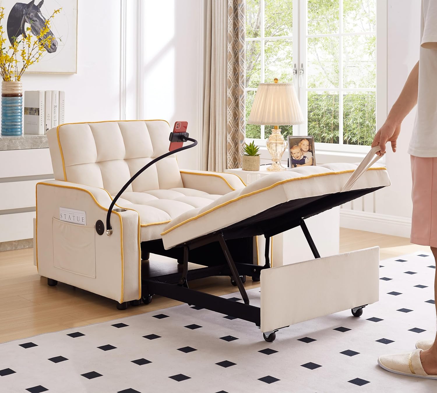 Convertible Sofa Bed, 3 in 1 Futon Sofa Bed with USB Charging Ports, Cup Holder, Phone Stand & Pocket, Modern Upholstered Sleeper Sofa for Living Room, Apartment or Small Space (Beige)