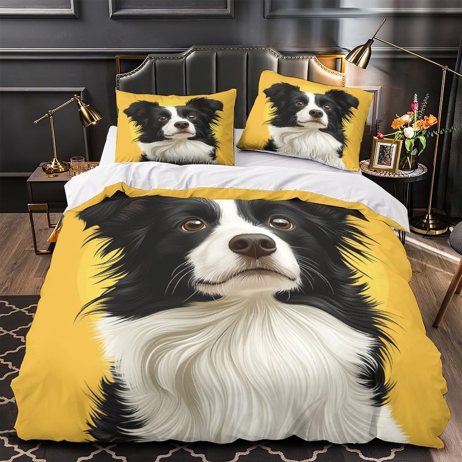 Housse de couette Border Collie 3D lit Super King 260x220 cm avec 2 taies d'oreiller en microfibre