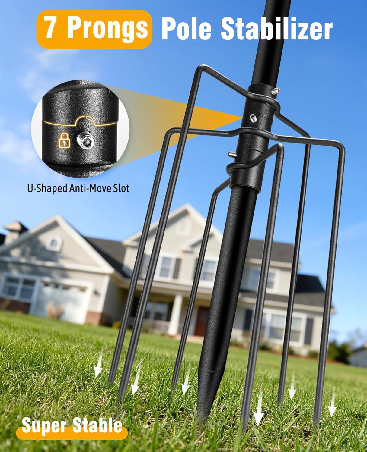 8FT In Ground Flag Pole, 304 Stainless Steel Flagpole for Outside House with 7 Prongs Stabilizer Stand Base, Heavy Duty, Rust-Proof for Yard/Garden/Cemetery/Roadside/RV Campground, Φ1 Inch (Black)