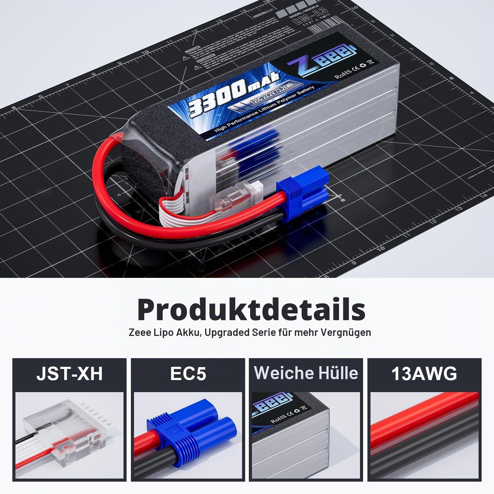 Zeee 6S Lipo 3300mAh 22,2V 120C RC Akku mit EC5 stecker(2 Packungen) | RC Batterie für RC-Flugzeuge, Hubschrauber, RC-Autos, LKWs, Panzer, Drohnen, Rennsport, Hobby