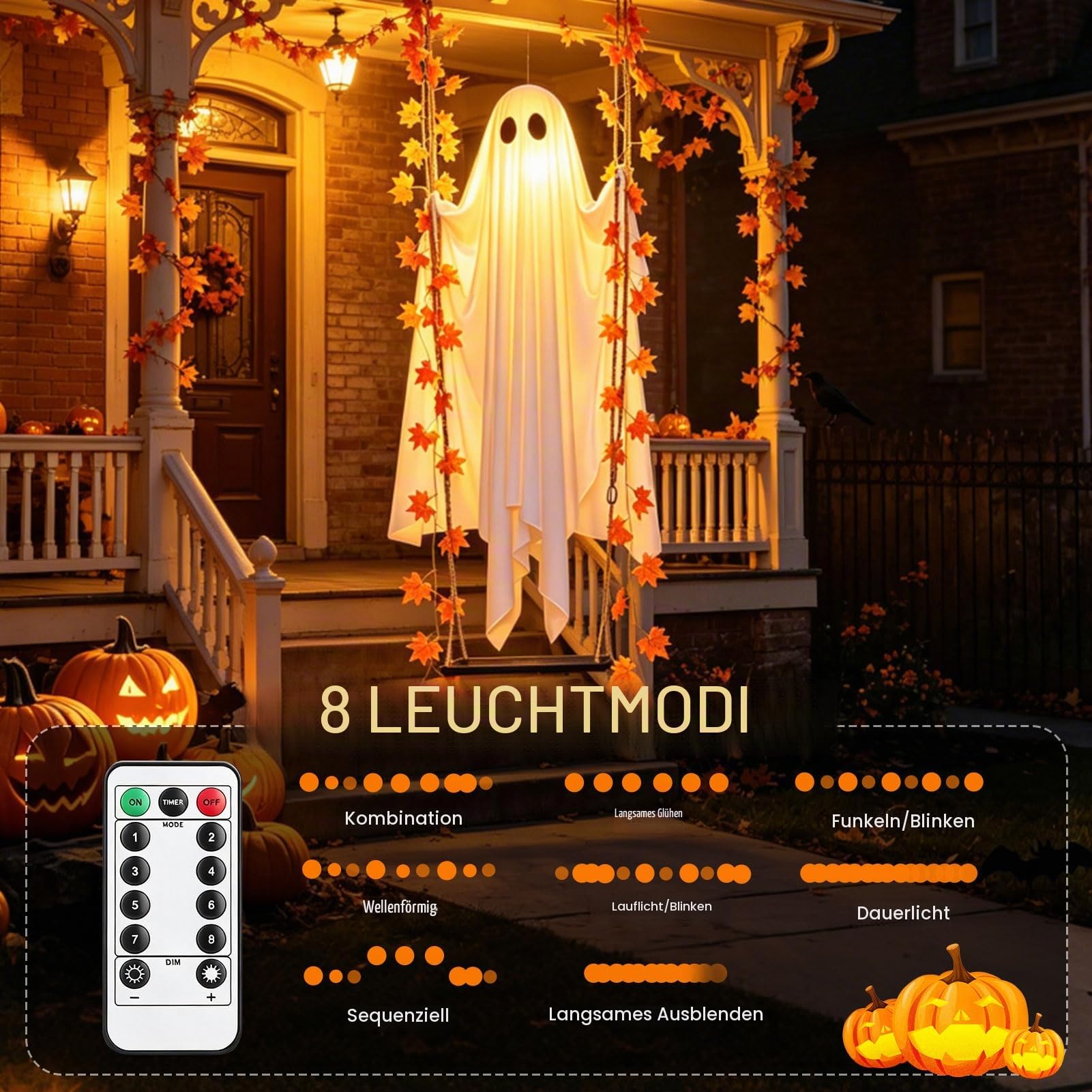 Halloween Deko Hängende LED Geist Schaukel Gespenst mit Ahornblatt (1.8m)