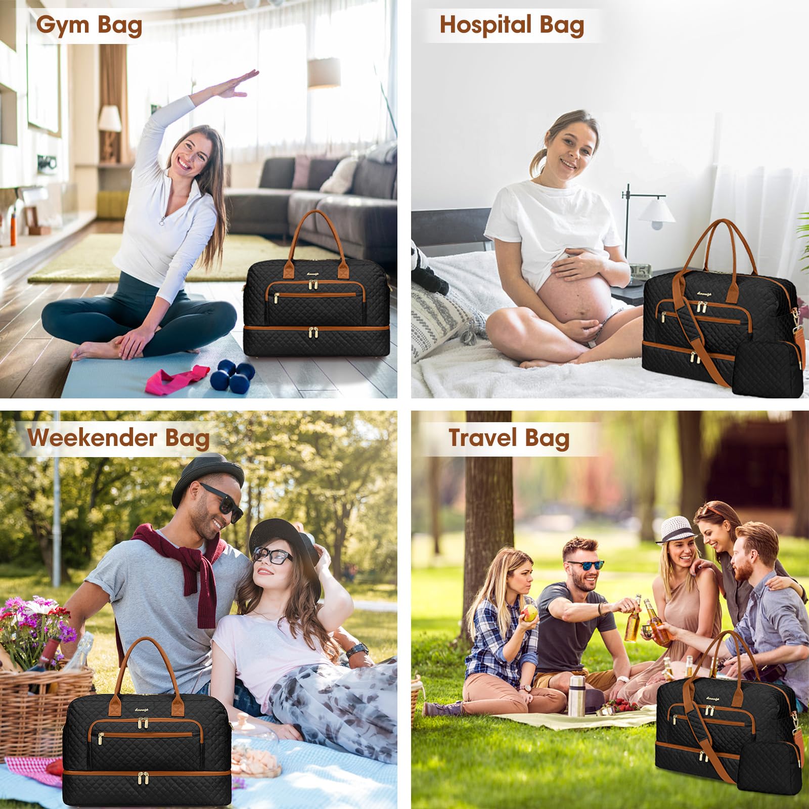 Large Women Travel Duffle Bag, Weekender Bags for Women with Shoe Compartment, Carry on Overnight Bag with Toiletry Bag, Gym Duffel Bag with Wet Pocket, Hospital Bags for Labor and Delivery 3 PCS Set view 6