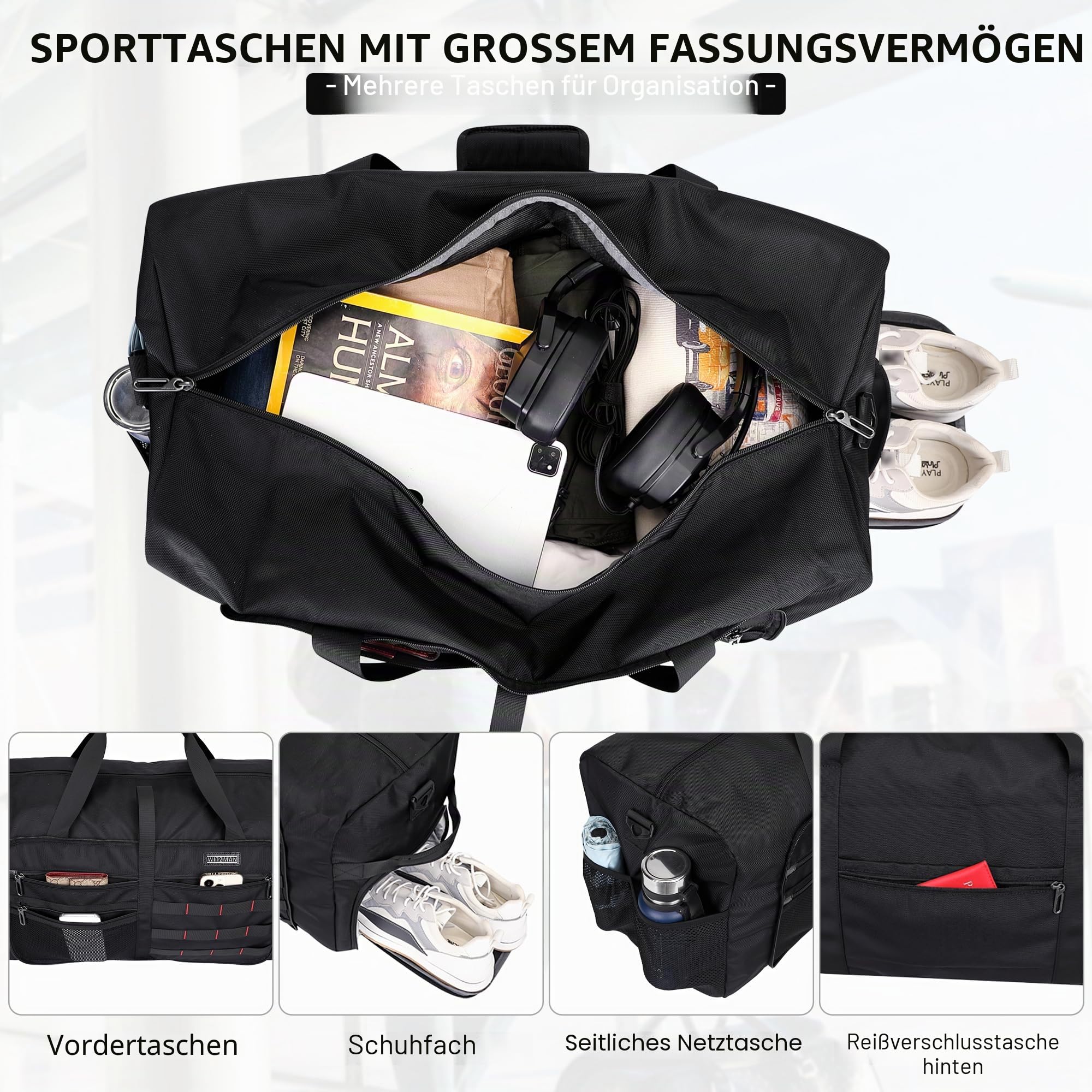 WITZMAN Faltbare Reisetasche Herren 65L Leicht Weekender mit Schuhfach | Nylon, Zusammenfaltbar für Platzsparende Aufbewahrung, Vielseitig für Gym, Wochenend, Sport, Übernachtung, B697 Schwarz