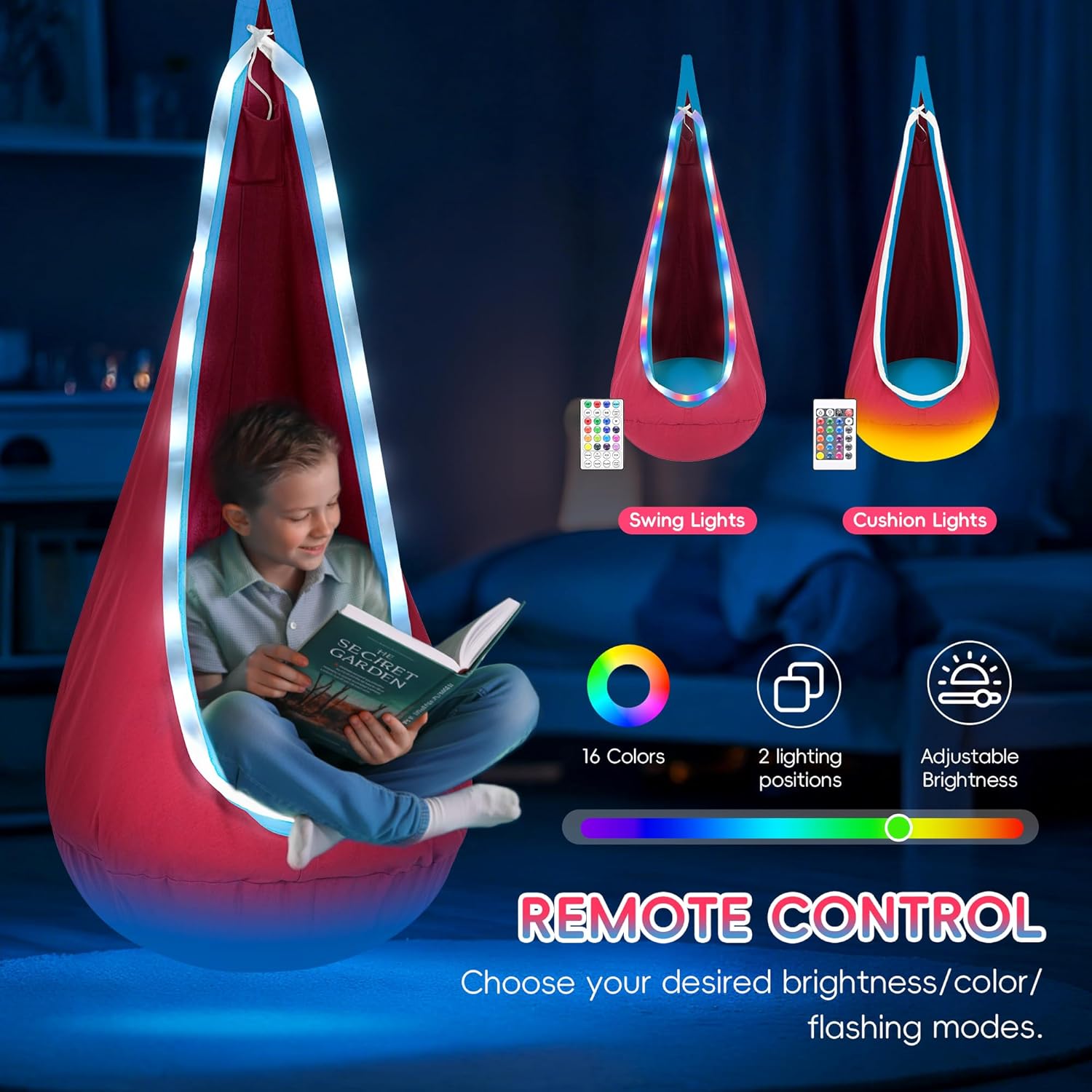 OUTREE Light Up Pod Swing for Kids, Hanging Swing Chair, Cotton Sensory Chair with LED Light, Kids Hammock Chair - Image 2