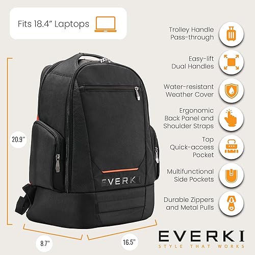 Miniatura 5 de EVERKI ContemPRO 117 - Mochila grande y espaciosa para computadora portátil de 18.4 pulgadas para juegos o estación de trabajo con funda para lluvia