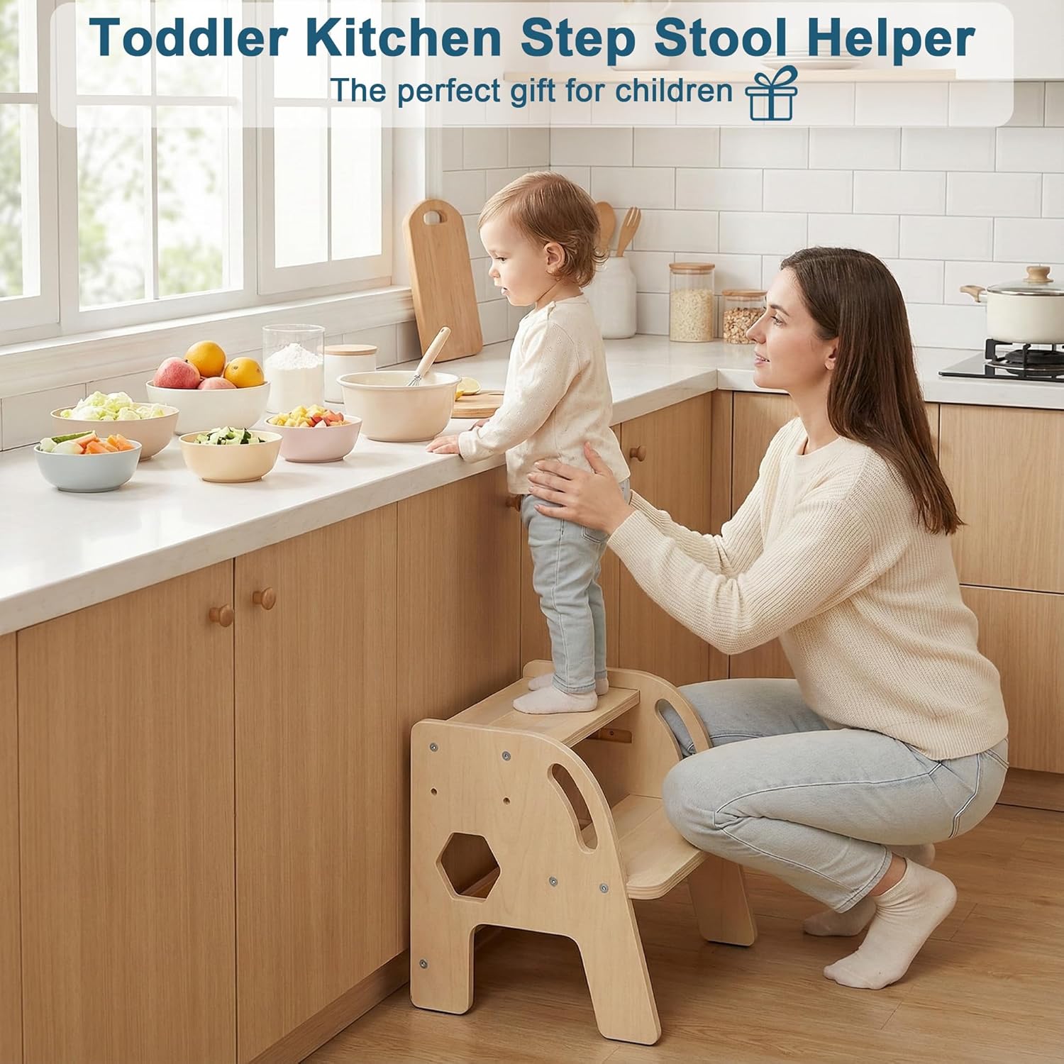 Wooden Step Stool for Kids, Toddler Step Stools with Rounded Corners, Non-Slip Pads, Handles ＆Dual Height, Potty Training Stool for Bathroom Sink, Kitchen Counter Nursery Bedroom Closet