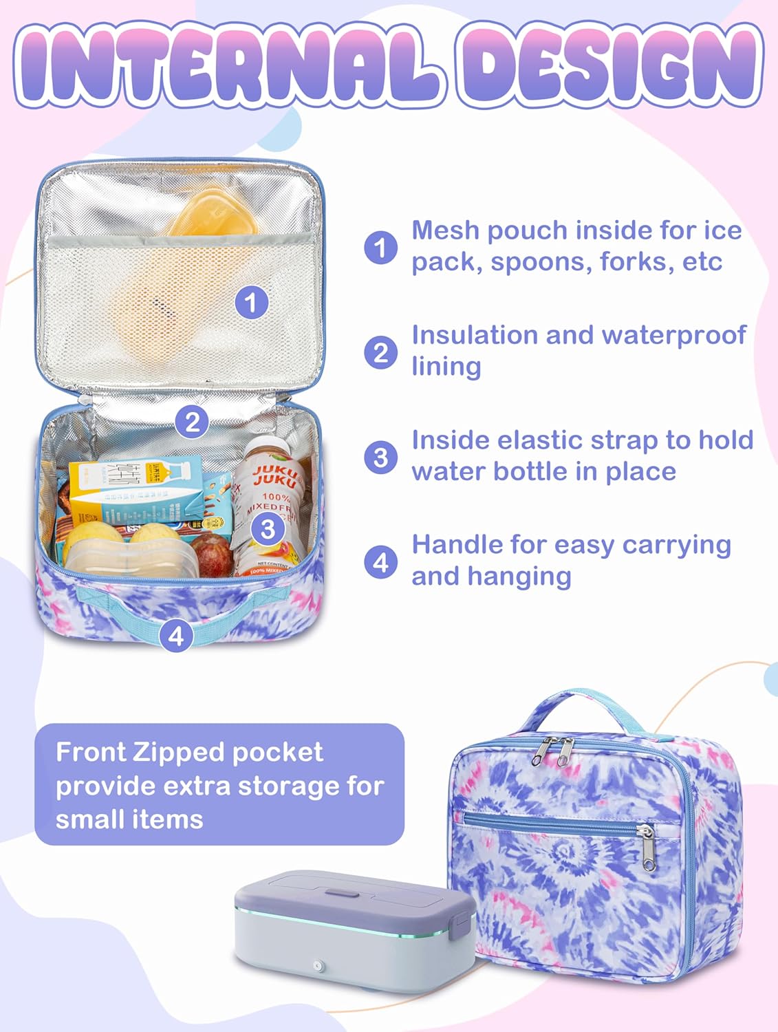 BLUEFAIRY Kids Backpack with Lunch Box for Girls Boys Elementary Primary Middle School Bag with Lunch Bag Set 17 Inch Bookbag Mochilas Escolares para Niñas Niños (Tie-dye, Light Violet) - Image 5