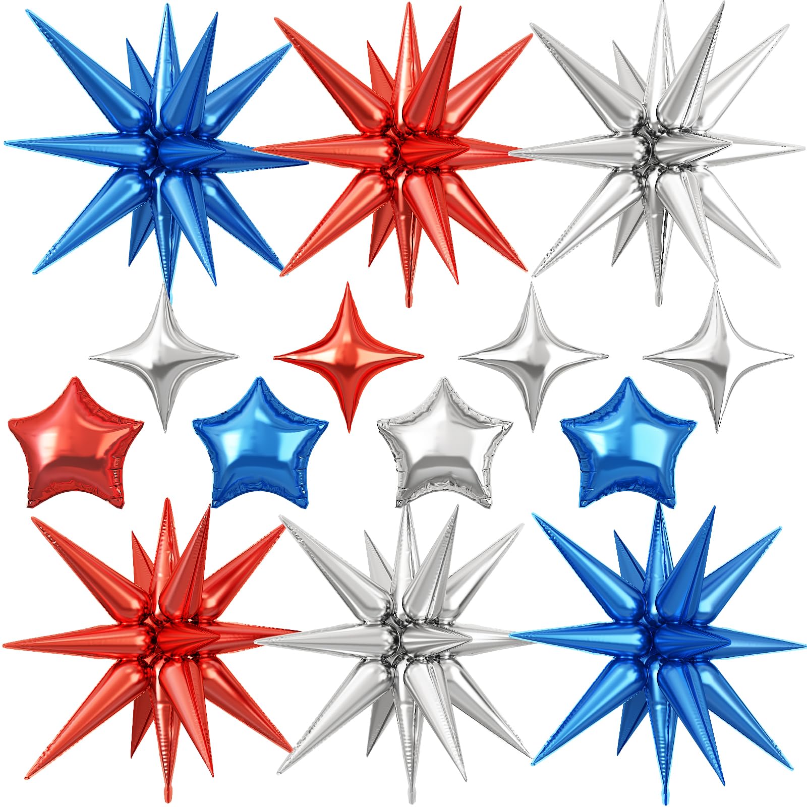 14pcs Blue Red Silver Star Balloons, Mixed Star Foil Balloon, 22Inch Explosion Stars Balloons with 10Inch Stars Shaped Balloon, for Birthday