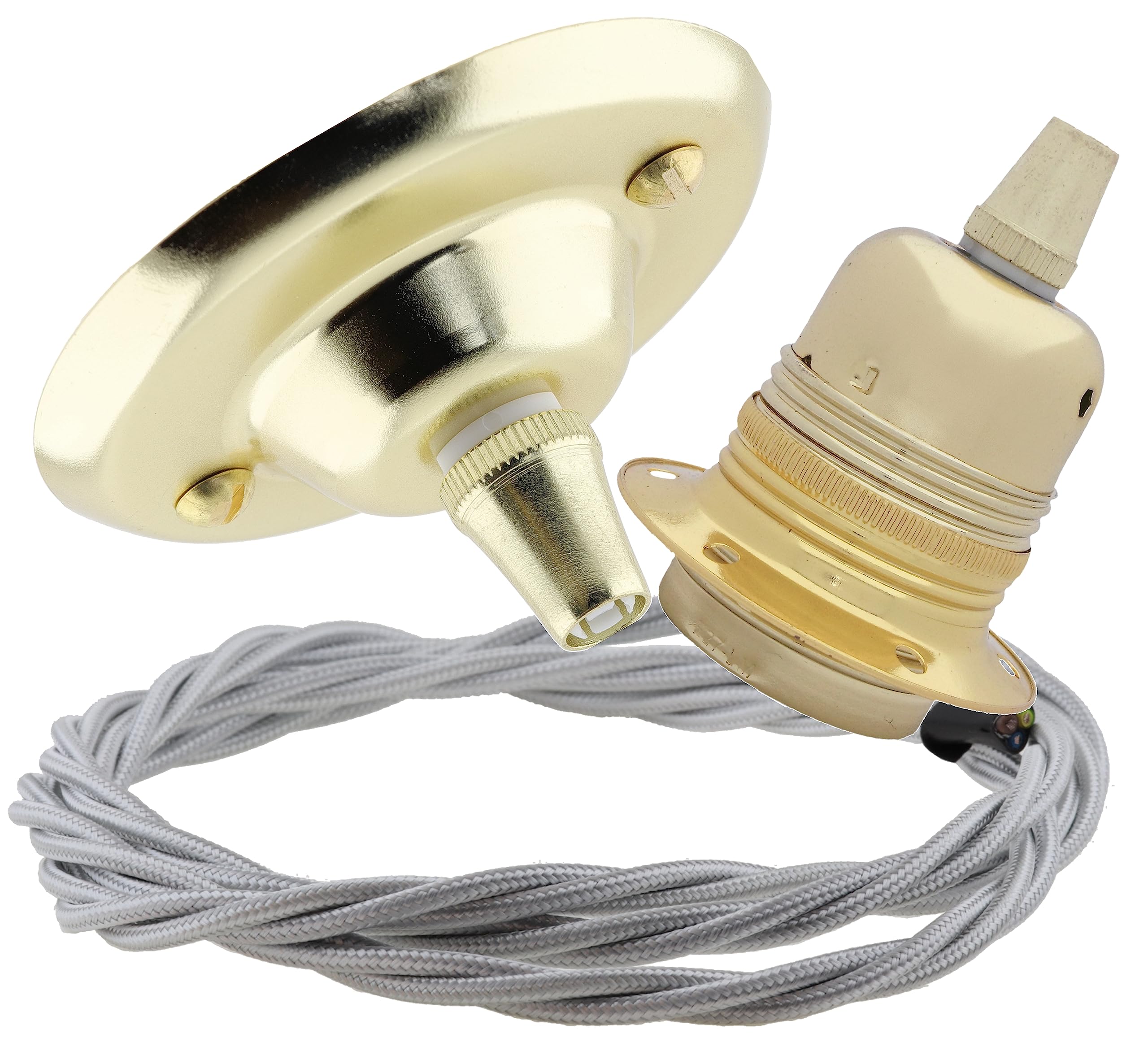 Repaireum Ltd. Vintage Styled Ceiling Pendant Kit incl. Polished Brass Effect Rose, E27 Bulb Holder and 3 Core White Braided Twisted Flex