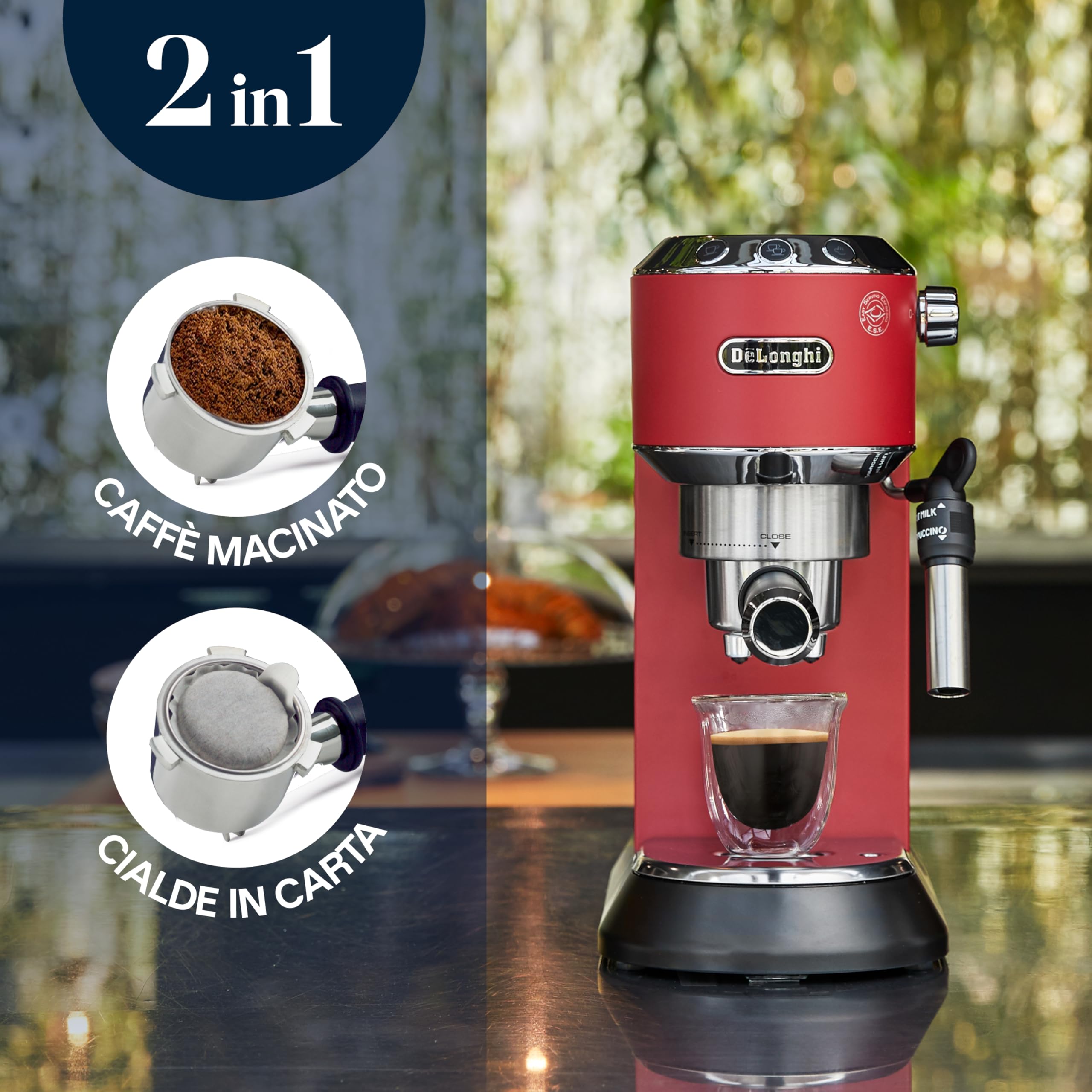 De'Longhi Dedica EC685.R Macchina Caffè Espresso Manuale, Caffè Polvere o Cialde E.S.E., Montalatte classico per Cappuccini, Spegnimento Automatico, Serbatoio 1L, Filtro Singolo/Doppio, Rosso