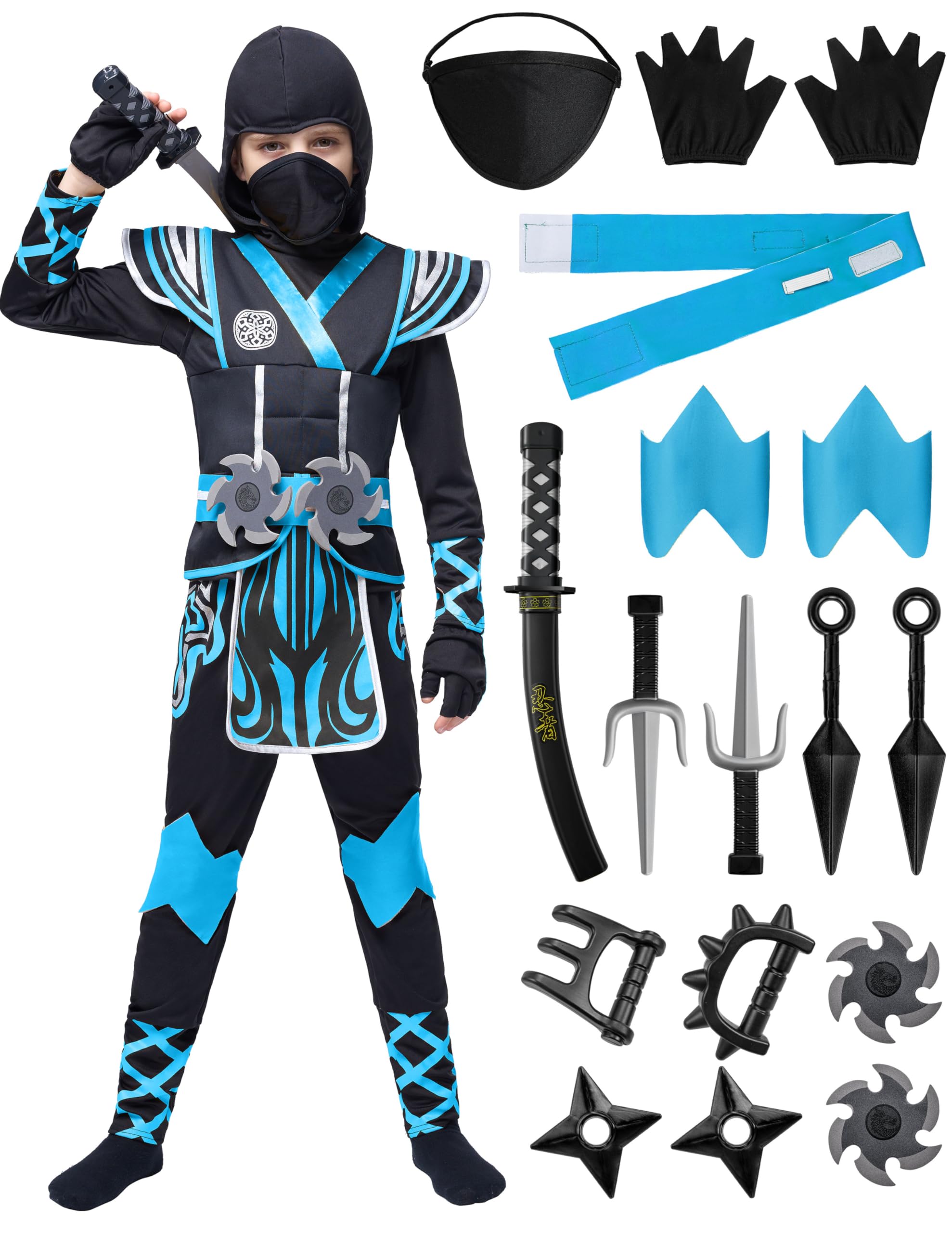 Spooktacular Creations Niebieski kostium ninja dla dzieci, zestaw stroju ninja, kostium na Halloween dla malucha, imprezy tematyczne, przebranie (rozmiar M, 8-10 lat)