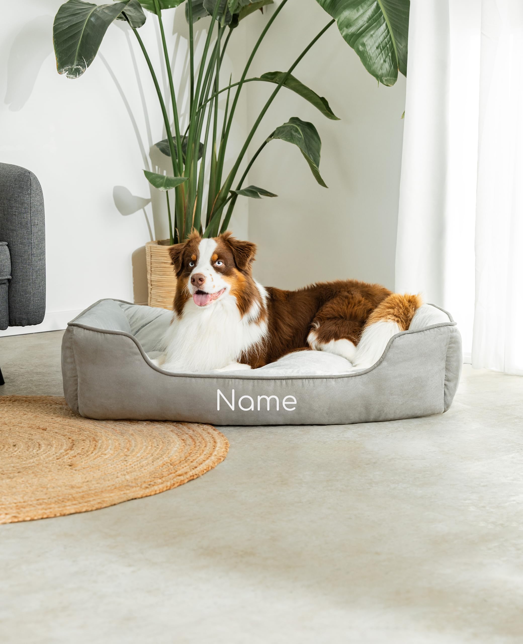 lionto Cama para Perros 2 en 1 con Entrada cómoda, acogedora Cama Reversible para Perros y Gatos, 110x80 cm, cojín de fácil Limpieza en Apariencia de Ante, Gris Claro/Gris Oscuro (con Nombre)