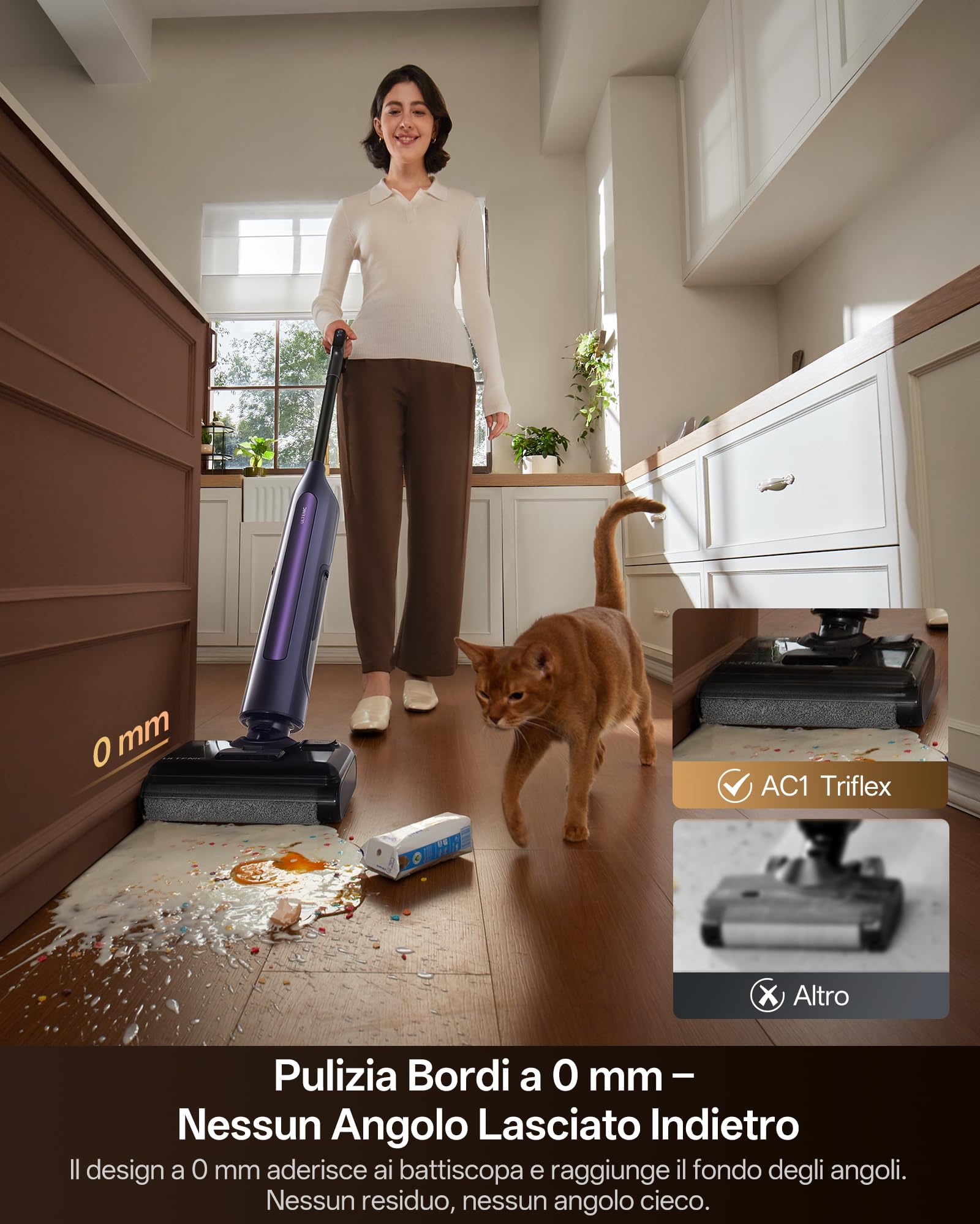 Ultenic AC1 Triflex Aspirapolvere Lavapavimenti, Design Piatto a 180°, 0 mm Pulizia Bordi, Lavapavimenti Senza Fili 3-in-1, Auto-Pulizia, Autonomia 55 min, Anti-Groviglio, Assistente Vocale 5 Lingue