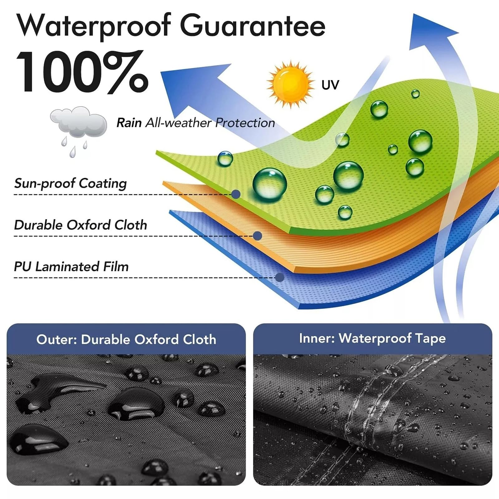 Copertura per Mobili da Giardino Impermeabile, 150x100x100cm/LxWxH Tutte Le Taglie Copertura Tavolo Esterno Rettangolare, Antivento Anti-UV, con cinturino antivento e coulisse regolabile