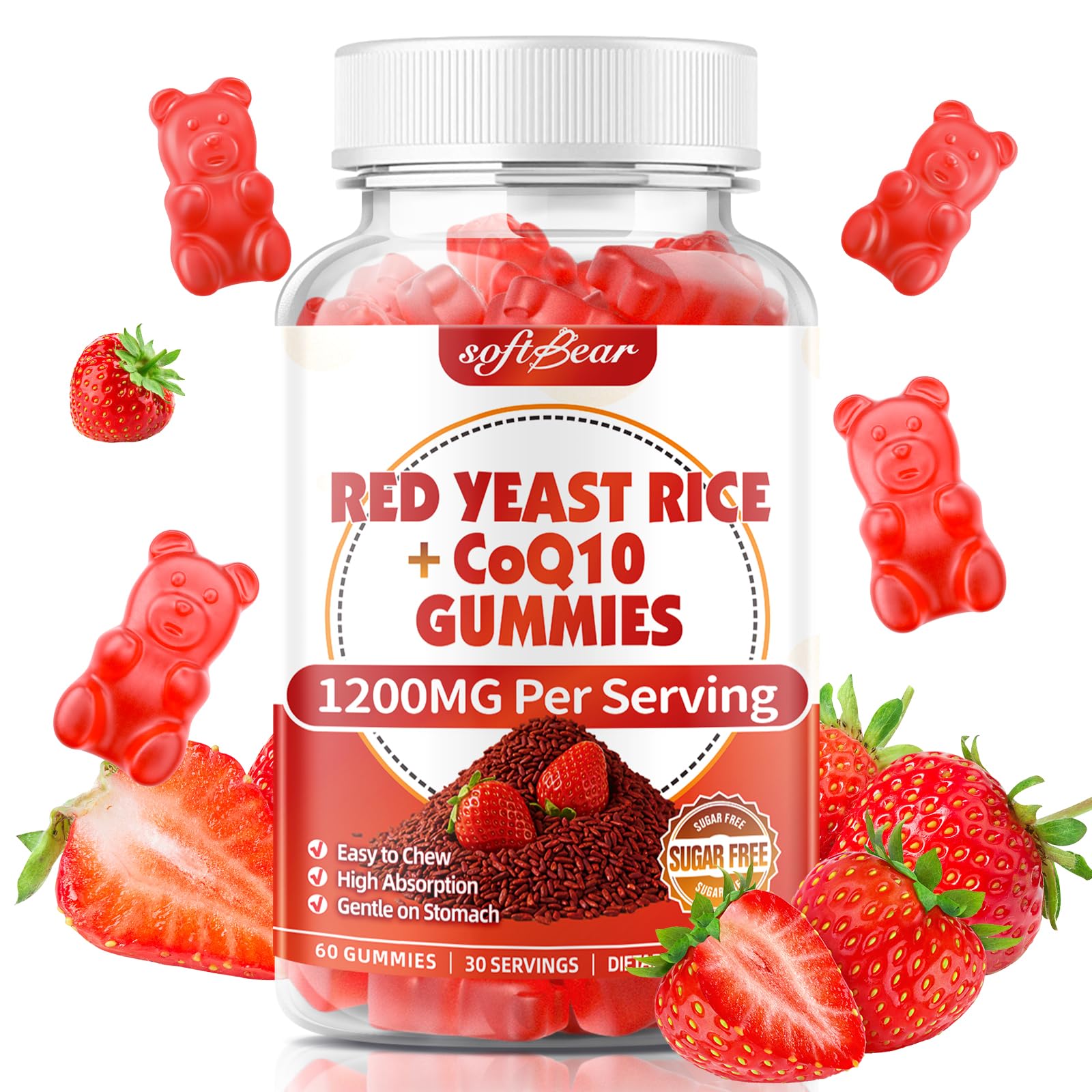 softbear Red Yeast Rice with CoQ10 Gummies, Sugar Free Red Yeast Rice Supplement 1200mg with CoQ10 200mg for Women & Men, Strawberry Flavor, 60 Count Strawberry 60 Count (Pack of 1)