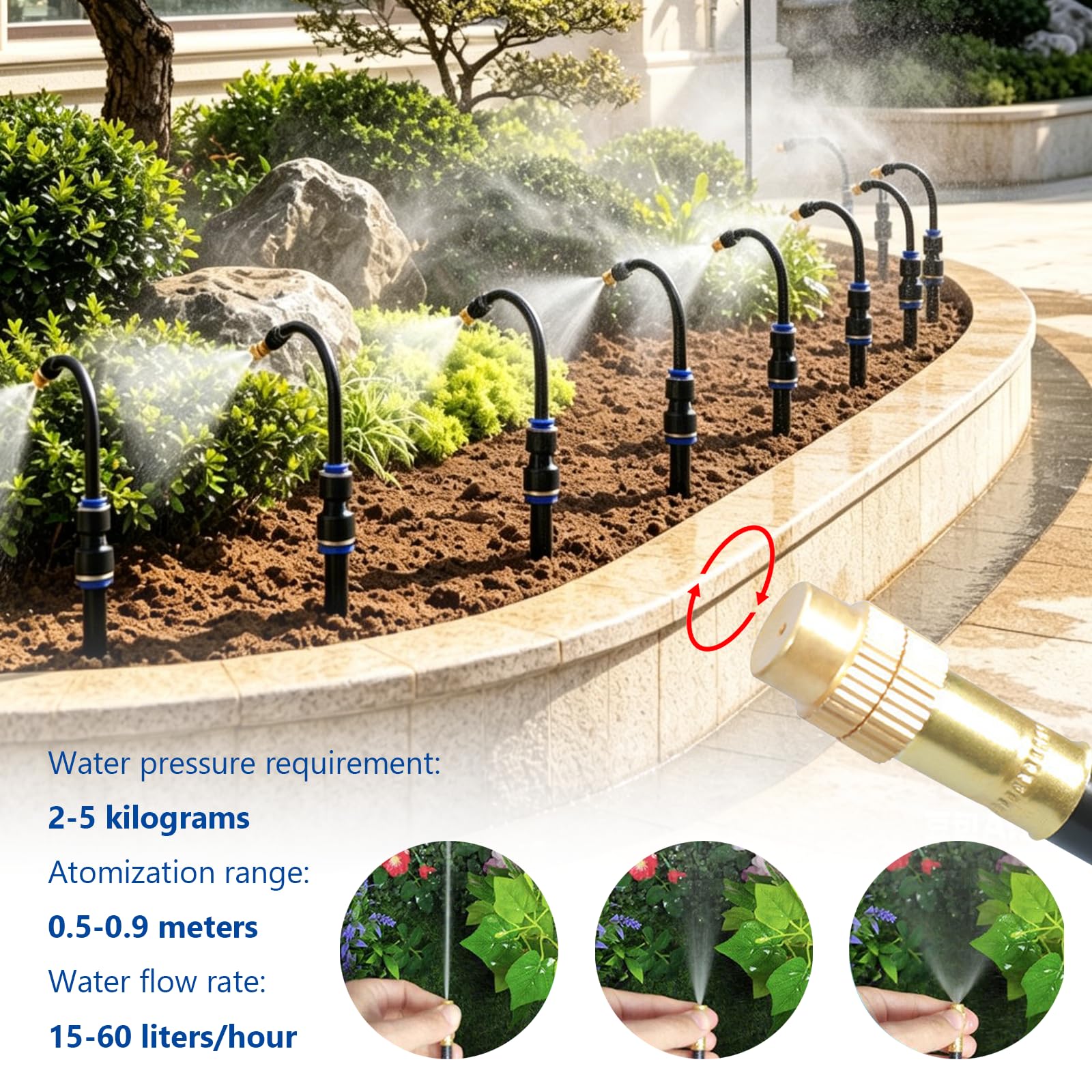 Bewässerungssystem Garten 15M, Automatisches 360° Bewässerungssystem mit Einstellbarer Sprühdüse, Nebelbewässerungskit, Für Pflanzen im Garten und Balkon, Mit Befestigungsdübel