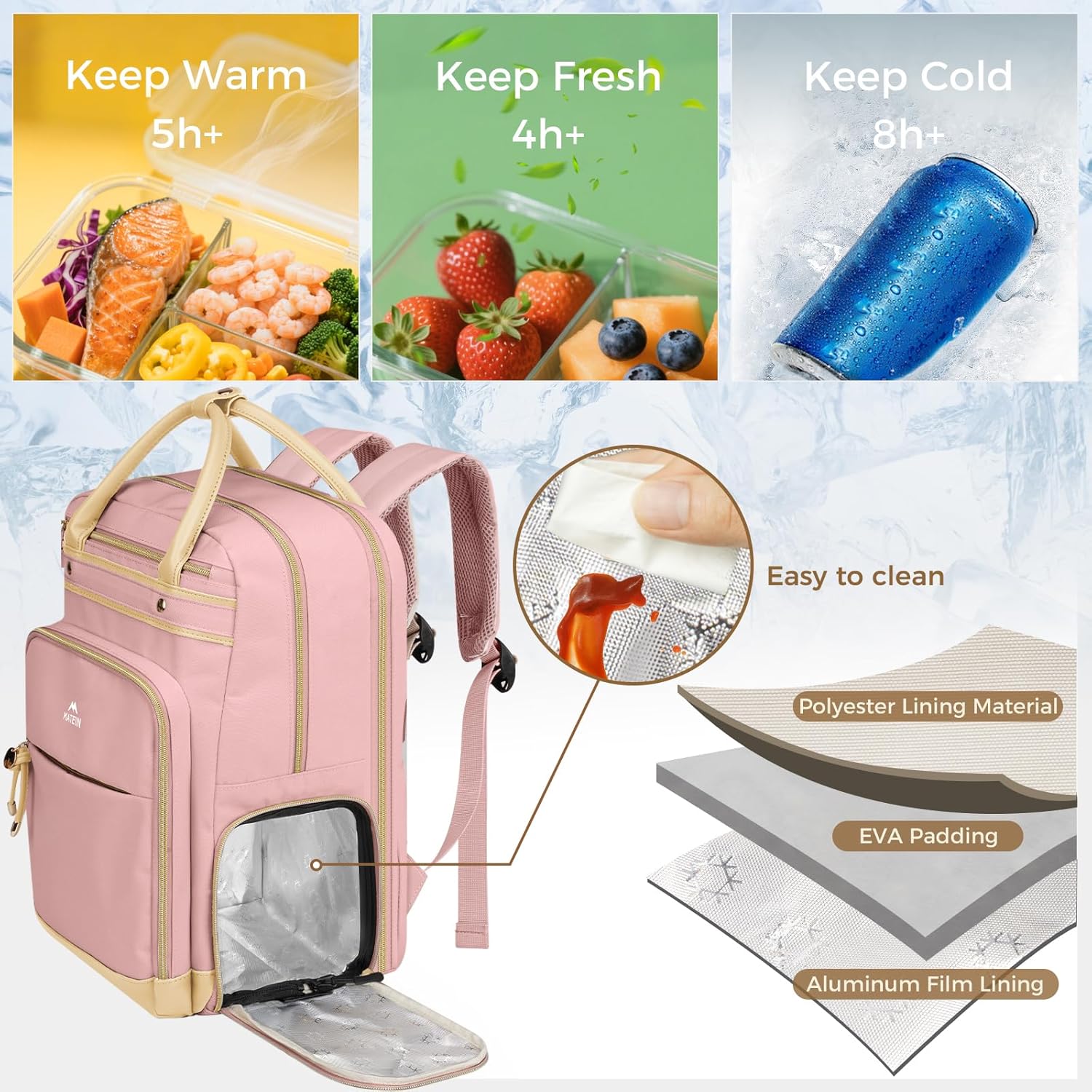 MATEIN Lunch Backpack for Women, Teacher Backpack with Lunch Compartment Detachable, Fit 15.6 Inch Laptop, College Computer Backpacks Meal Prep Work Bag Gift for Nurse Commute Office, Pink
