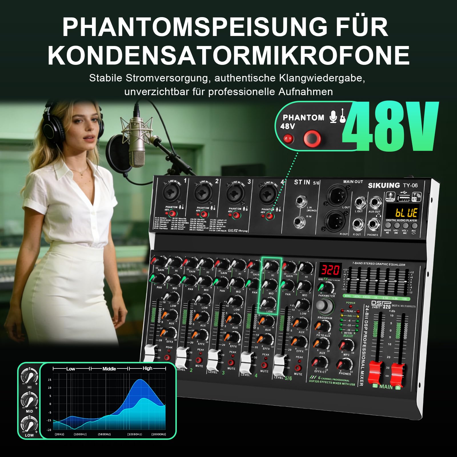 Table de mixage portable 6 canaux, mixeur audio professionnel, 320 effets DSP + égaliseur 7 bandes, carte son Bluetooth + interface USB, idéal pour l'enregistrement sur PC, les effets de studio